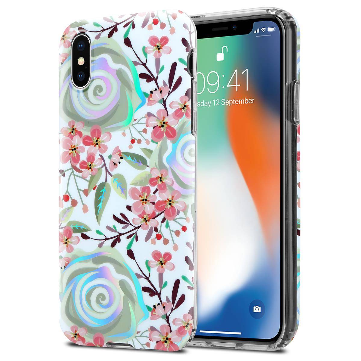 Cadorabo Hülle für Apple iPhone X / XS Schutz Hülle mit Weiß TPU Etui Blumen Flower Cover Case