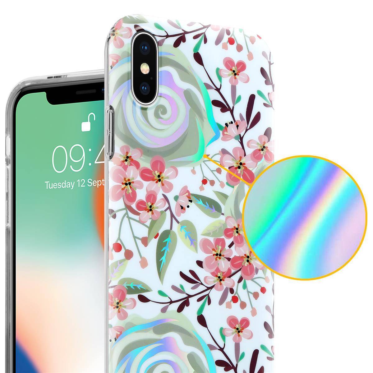 Cadorabo Hülle für Apple iPhone X / XS Schutz Hülle mit Weiß TPU Etui Blumen Flower Cover Case