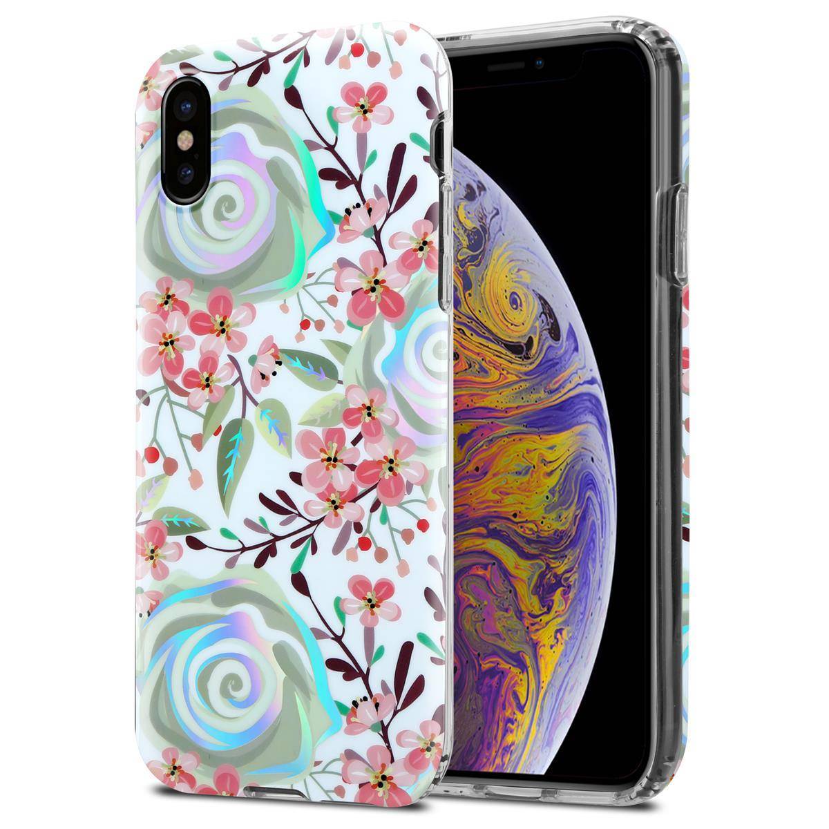 Cadorabo Hülle für Apple iPhone XS MAX Schutz Hülle mit Weiß TPU Etui Blumen Flower Cover Case