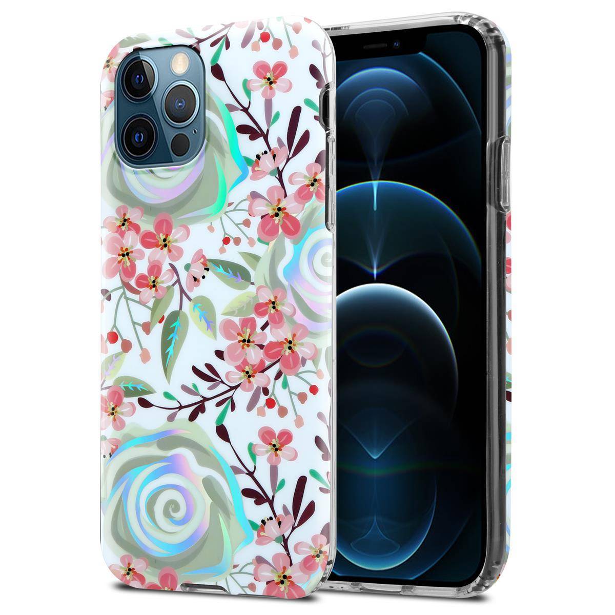 Cadorabo Hülle für Apple iPhone 12 PRO MAX Schutz Hülle mit Weiß TPU Etui Blumen Flower Cover Case