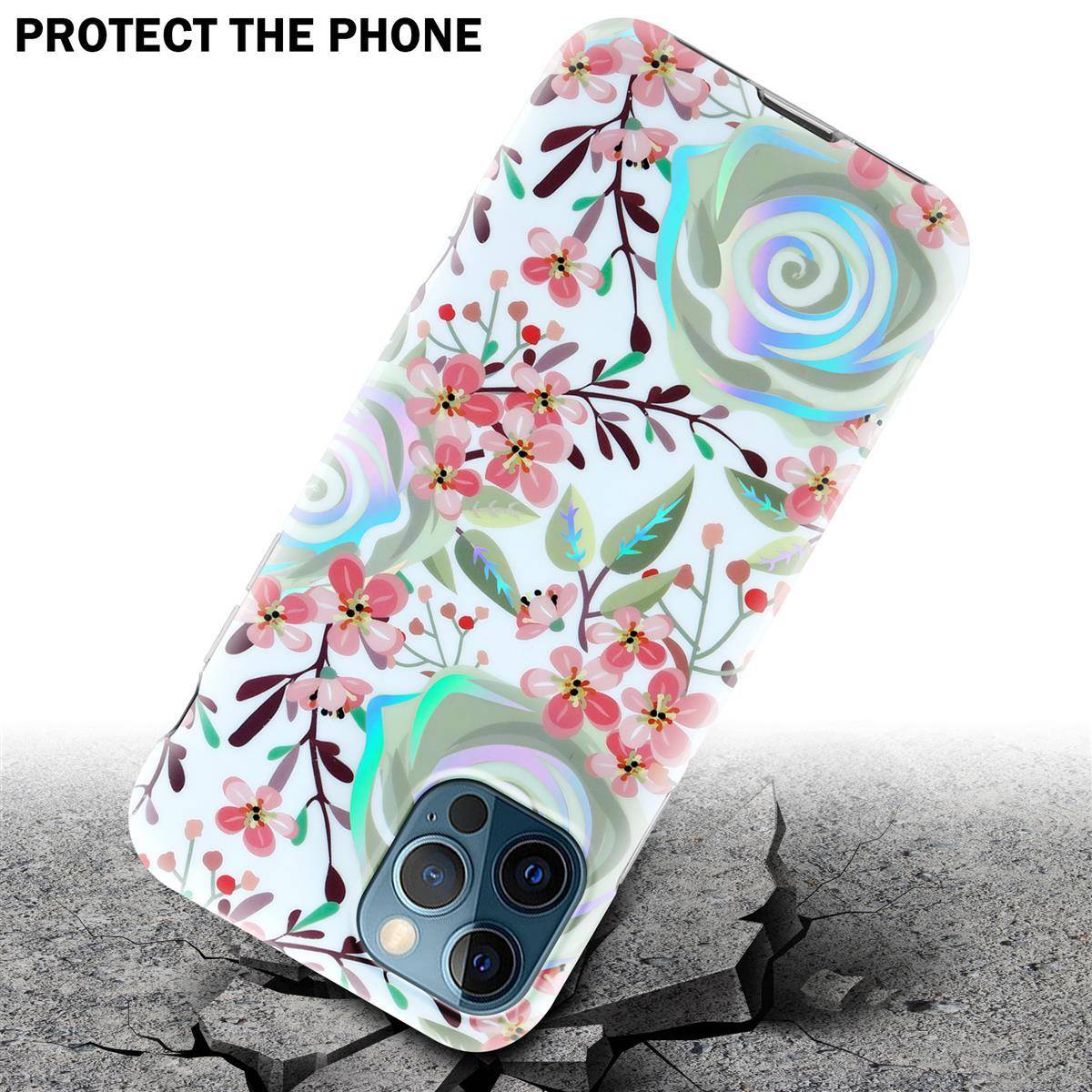Cadorabo Hülle für Apple iPhone 12 PRO MAX Schutz Hülle mit Weiß TPU Etui Blumen Flower Cover Case