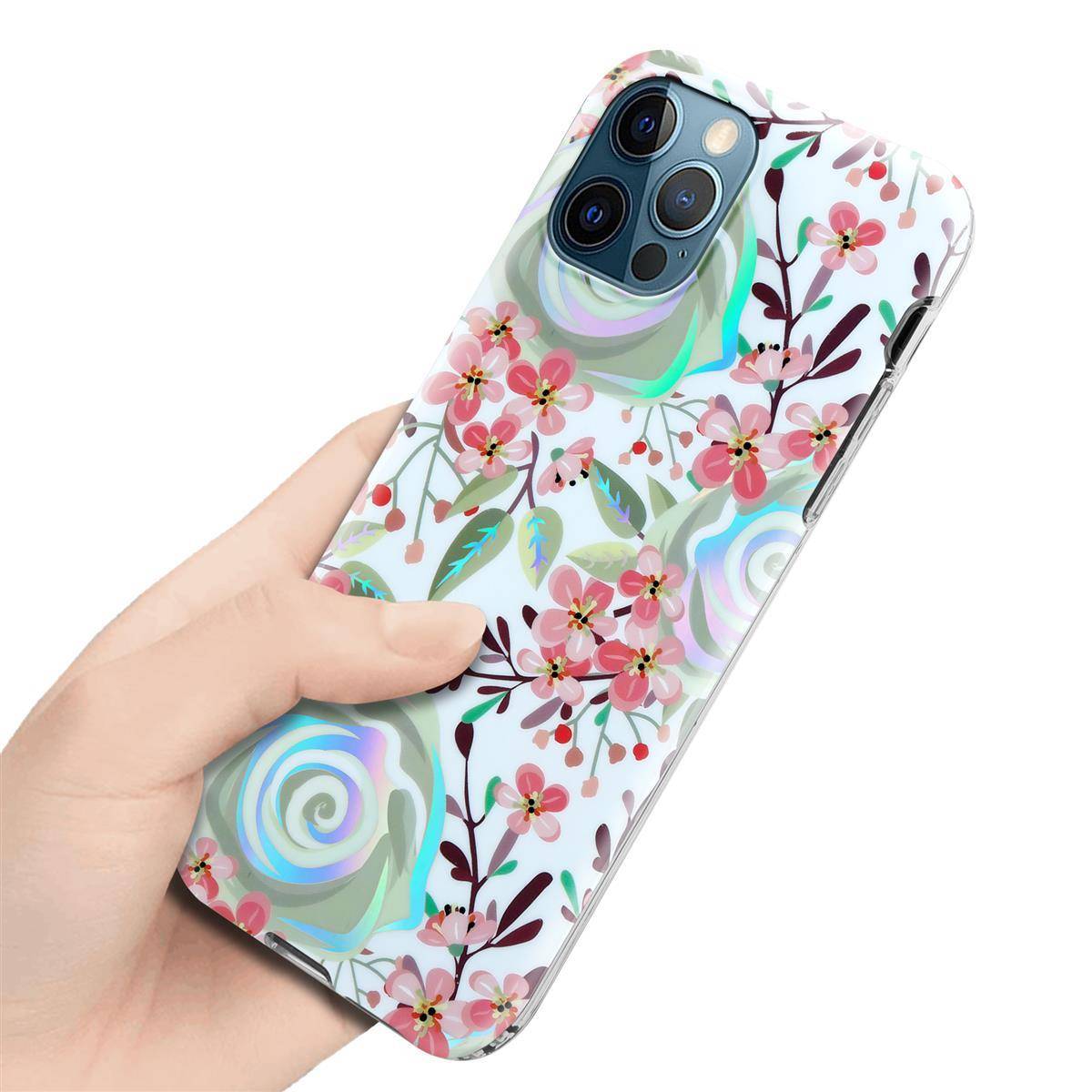 Cadorabo Hülle für Apple iPhone 12 PRO MAX Schutz Hülle mit Weiß TPU Etui Blumen Flower Cover Case