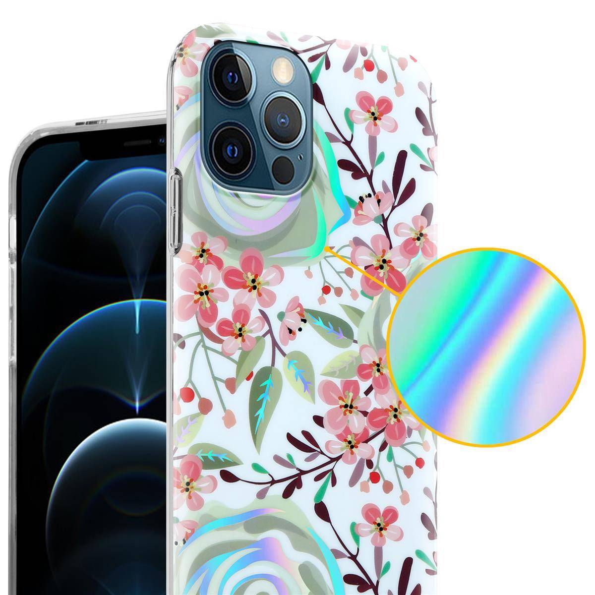 Cadorabo Hülle für Apple iPhone 12 PRO MAX Schutz Hülle mit Weiß TPU Etui Blumen Flower Cover Case