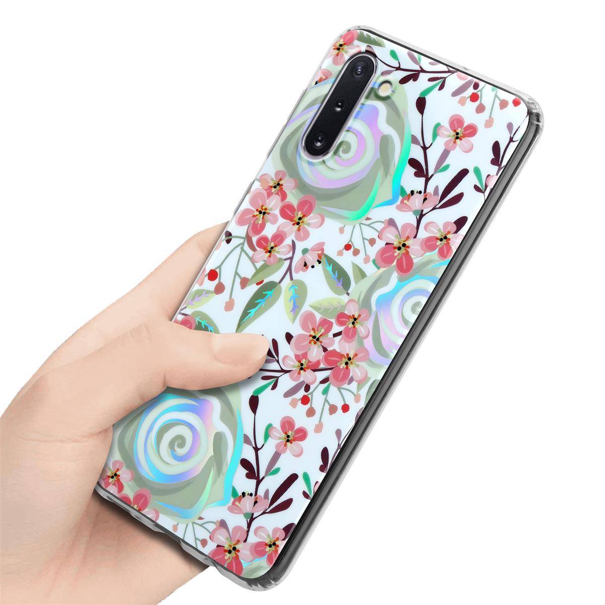 Cadorabo Hülle für Samsung Galaxy NOTE 10 Schutz Hülle mit Weiß TPU Etui Blumen Flower Cover Case