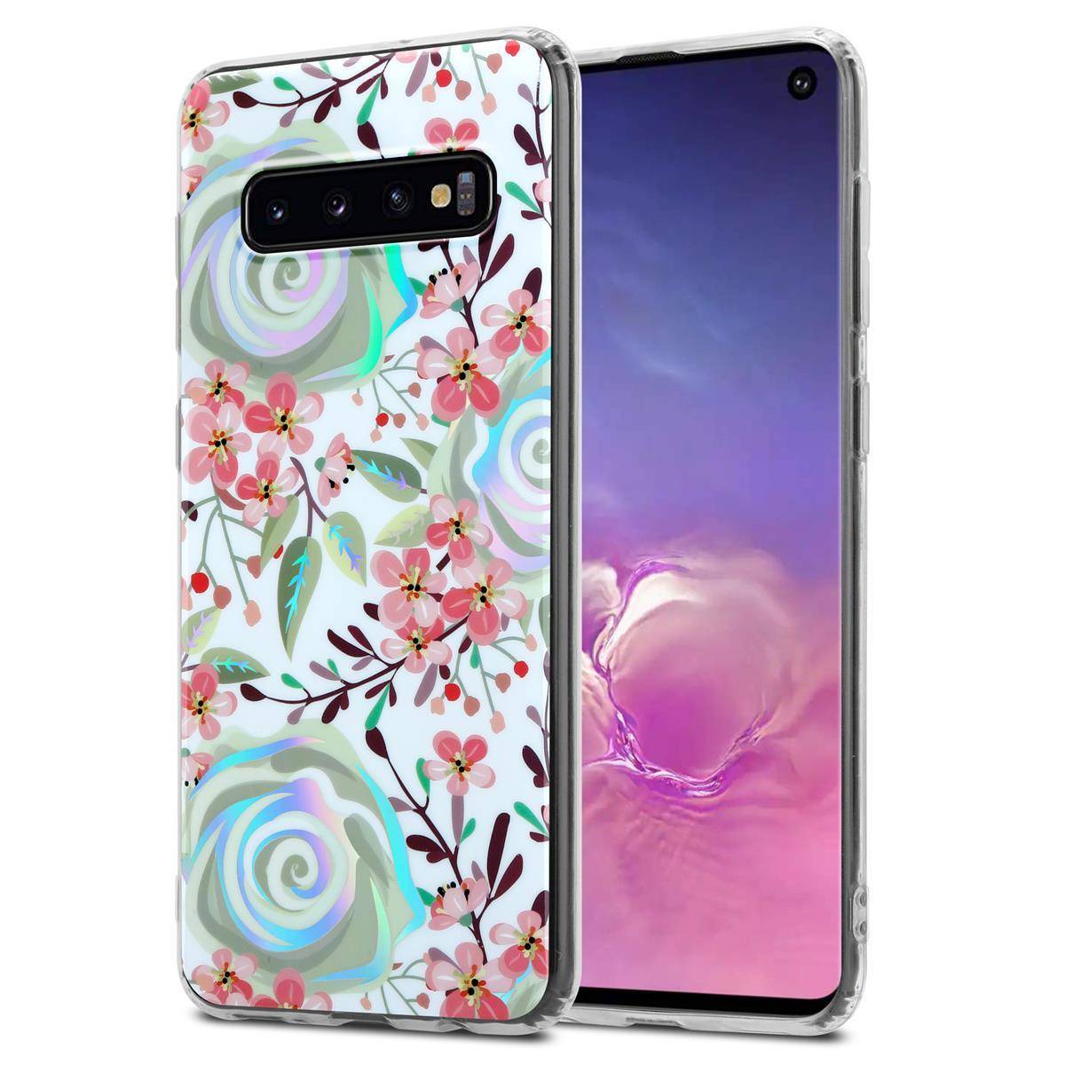Cadorabo Hülle für Samsung Galaxy S10 4G Schutz Hülle mit Weiß TPU Etui Blumen Flower Cover Case
