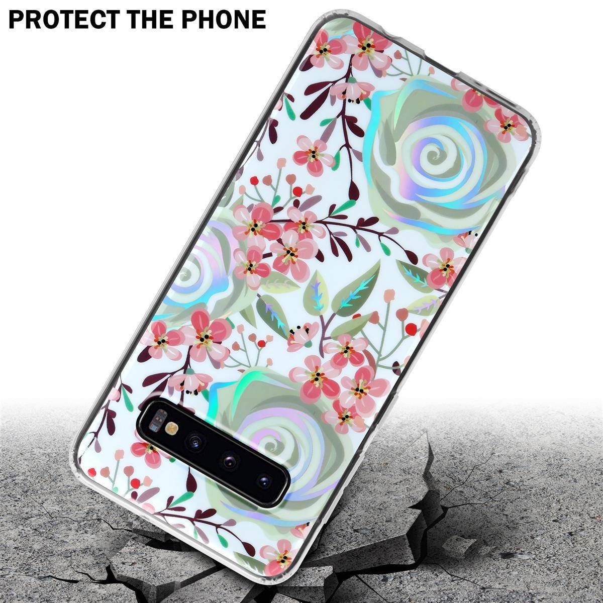 Cadorabo Hülle für Samsung Galaxy S10 4G Schutz Hülle mit Weiß TPU Etui Blumen Flower Cover Case
