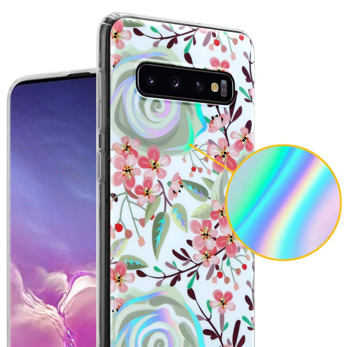 Cadorabo Hülle für Samsung Galaxy S10 4G Schutz Hülle mit Weiß TPU Etui Blumen Flower Cover Case
