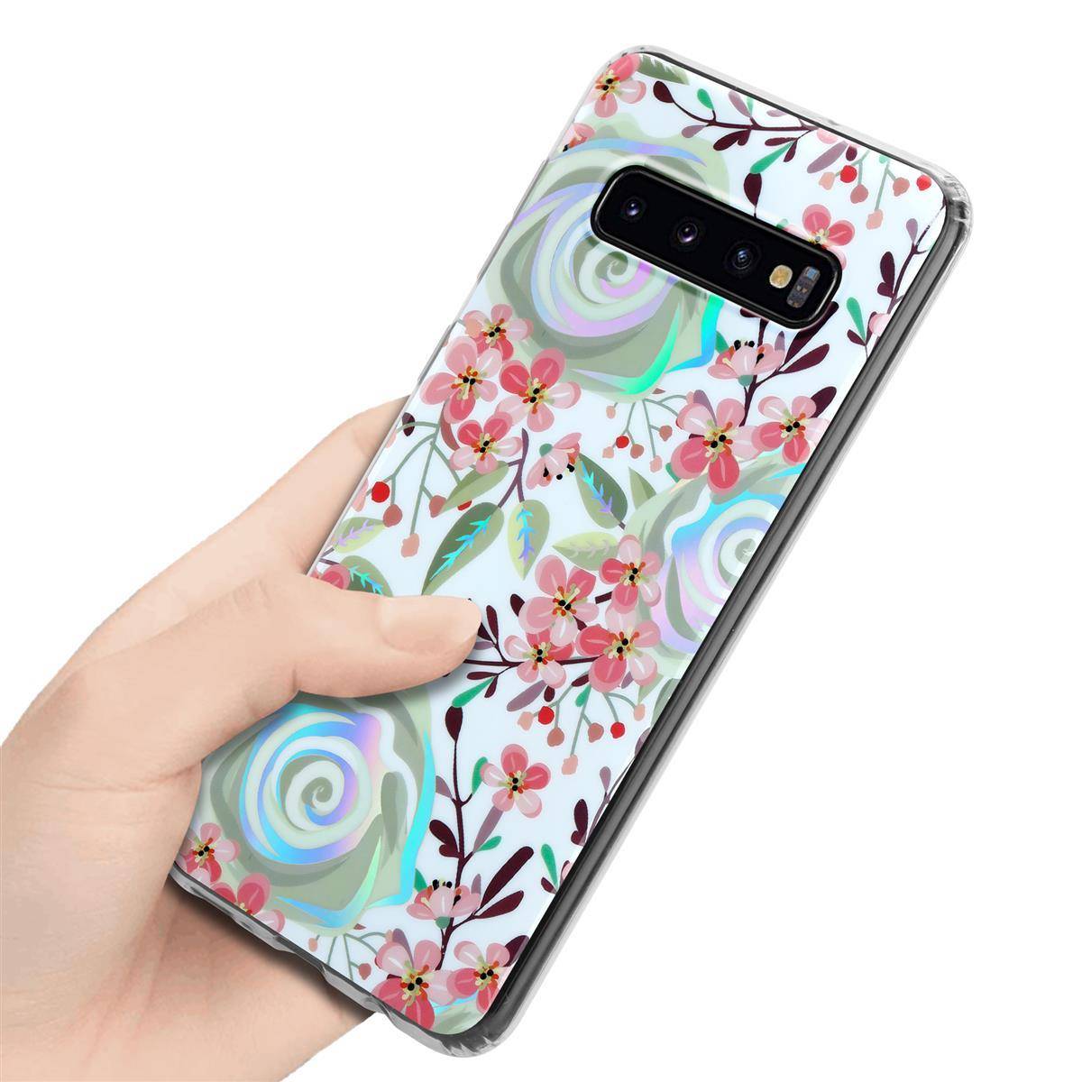 Cadorabo Hülle für Samsung Galaxy S10 4G Schutz Hülle mit Weiß TPU Etui Blumen Flower Cover Case