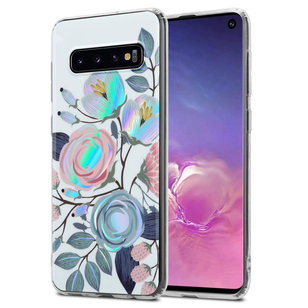 Cadorabo Hülle für Samsung Galaxy S10 4G Schutz Hülle mit Weiß TPU Etui Blumen Flower Cover Case