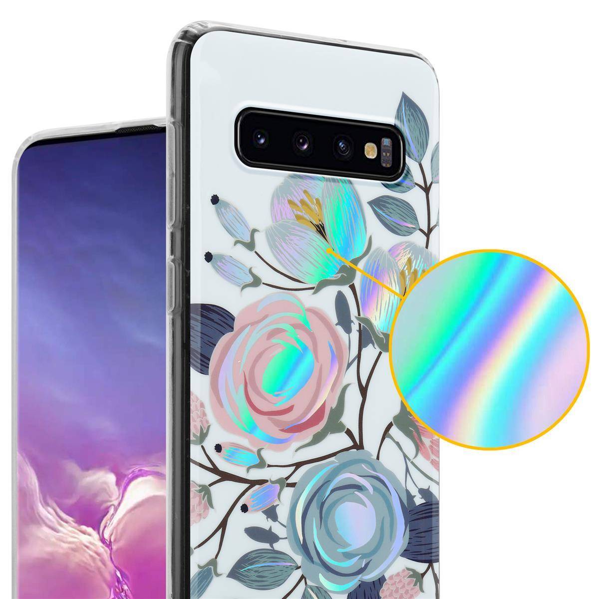 Cadorabo Hülle für Samsung Galaxy S10 4G Schutz Hülle mit Weiß TPU Etui Blumen Flower Cover Case