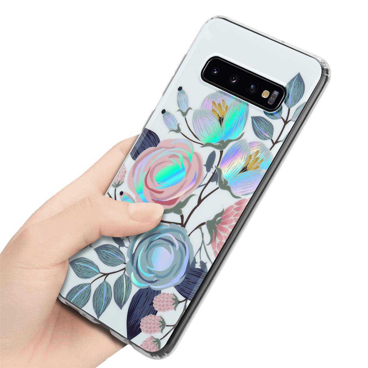 Cadorabo Hülle für Samsung Galaxy S10 4G Schutz Hülle mit Weiß TPU Etui Blumen Flower Cover Case