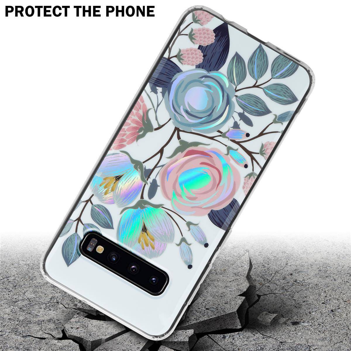 Cadorabo Hülle für Samsung Galaxy S10 4G Schutz Hülle mit Weiß TPU Etui Blumen Flower Cover Case