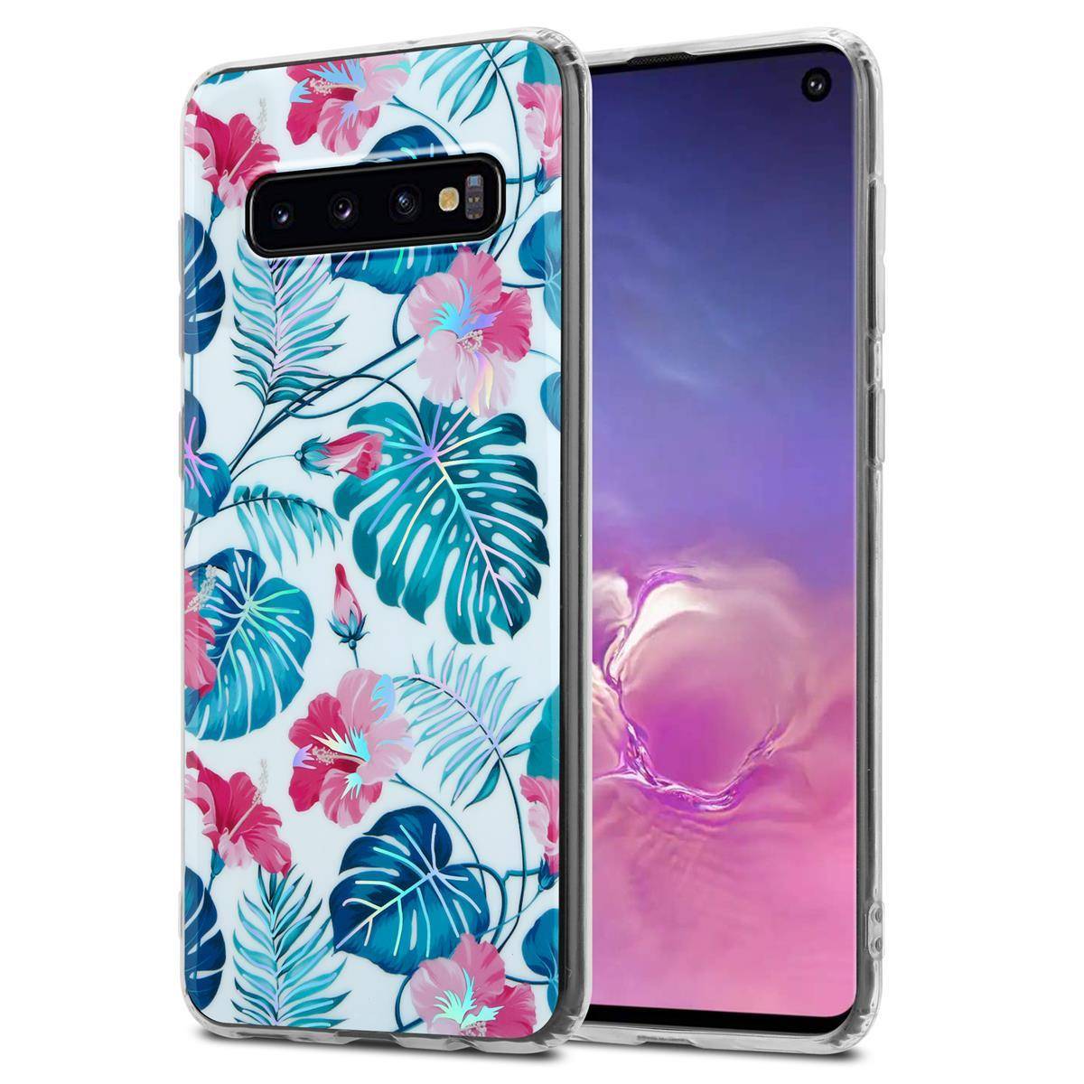 Cadorabo Hülle für Samsung Galaxy S10 4G Schutz Hülle mit Weiß TPU Etui Blumen Flower Cover Case