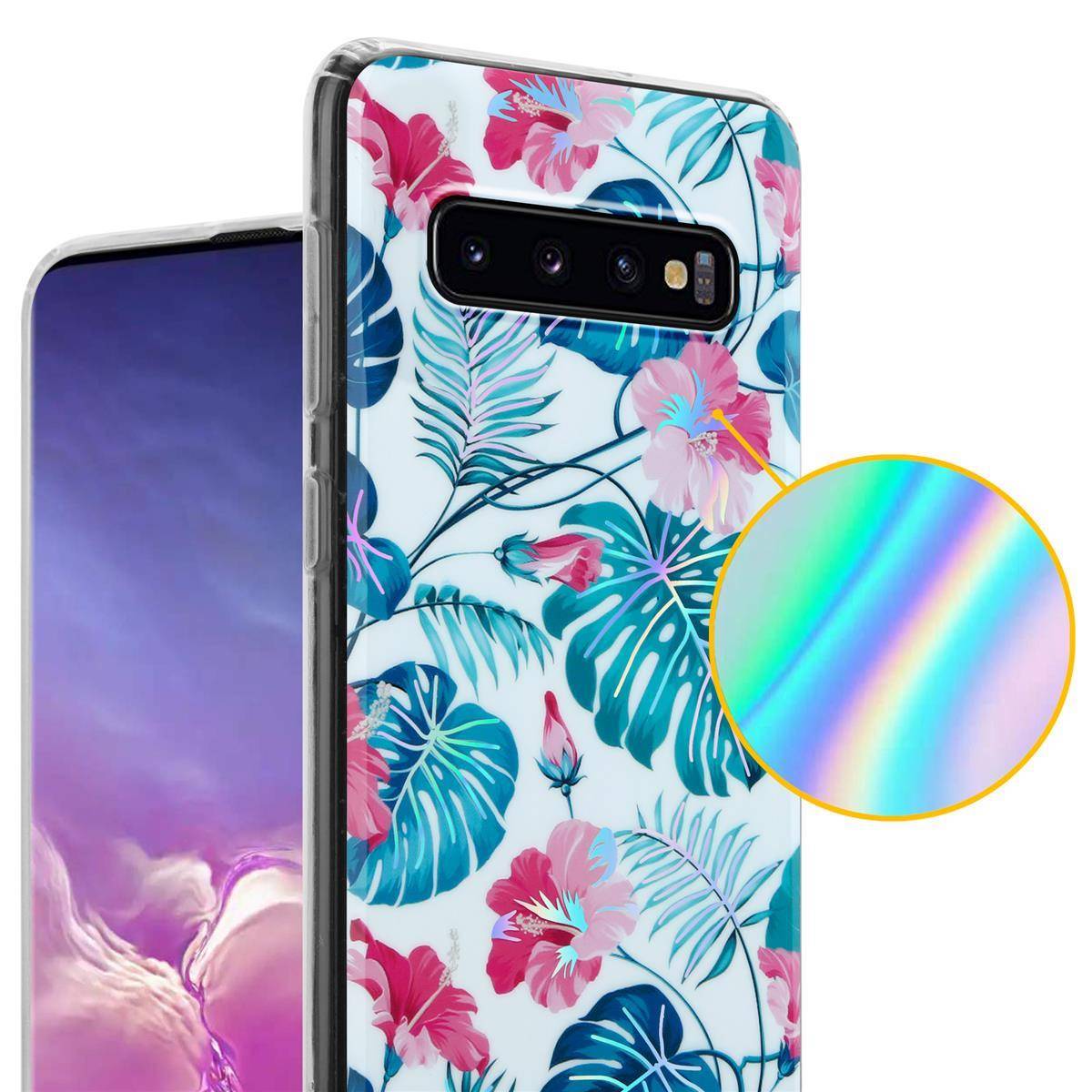 Cadorabo Hülle für Samsung Galaxy S10 4G Schutz Hülle mit Weiß TPU Etui Blumen Flower Cover Case