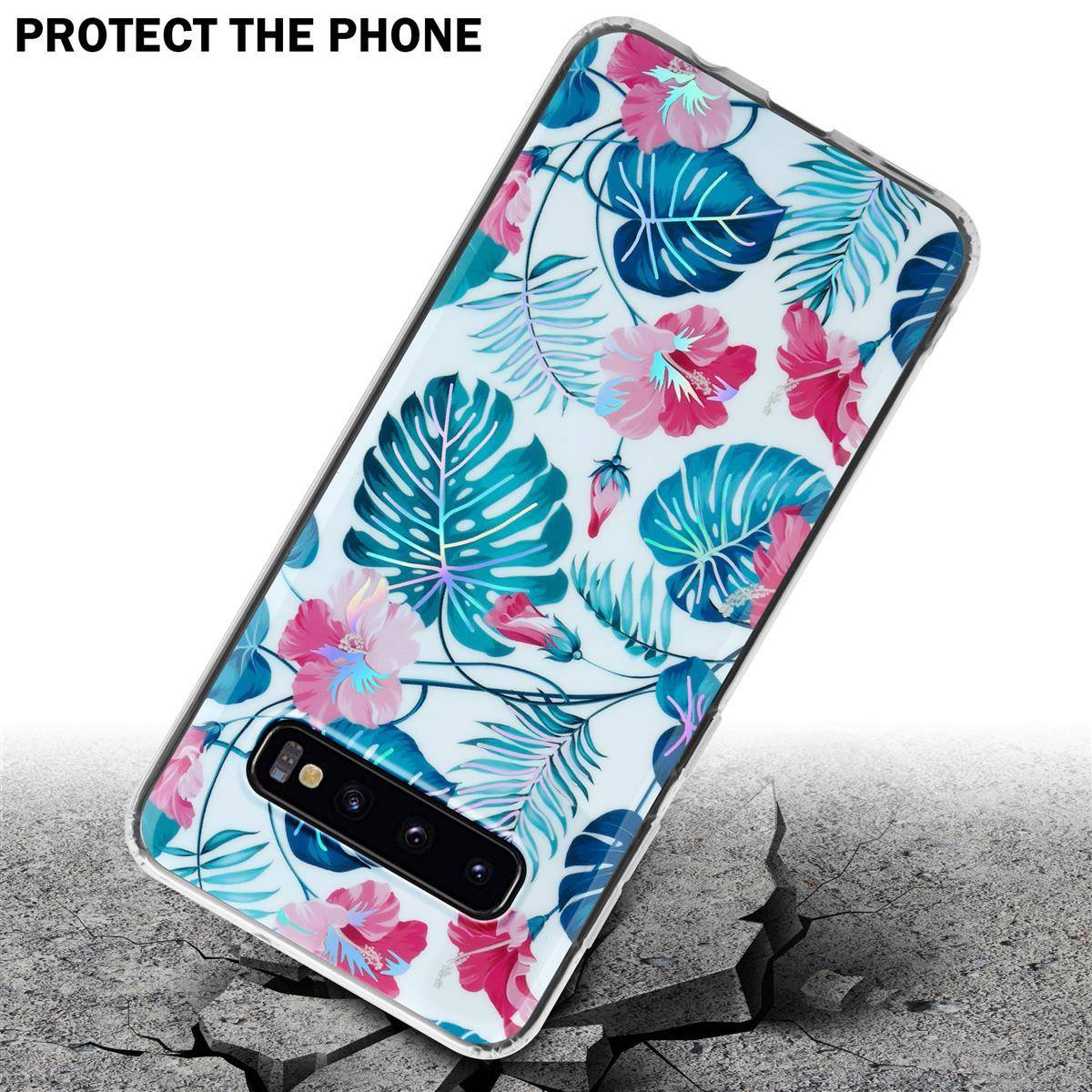 Cadorabo Hülle für Samsung Galaxy S10 4G Schutz Hülle mit Weiß TPU Etui Blumen Flower Cover Case