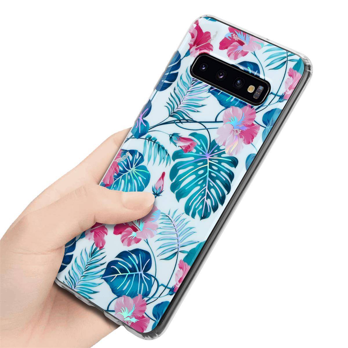 Cadorabo Hülle für Samsung Galaxy S10 4G Schutz Hülle mit Weiß TPU Etui Blumen Flower Cover Case