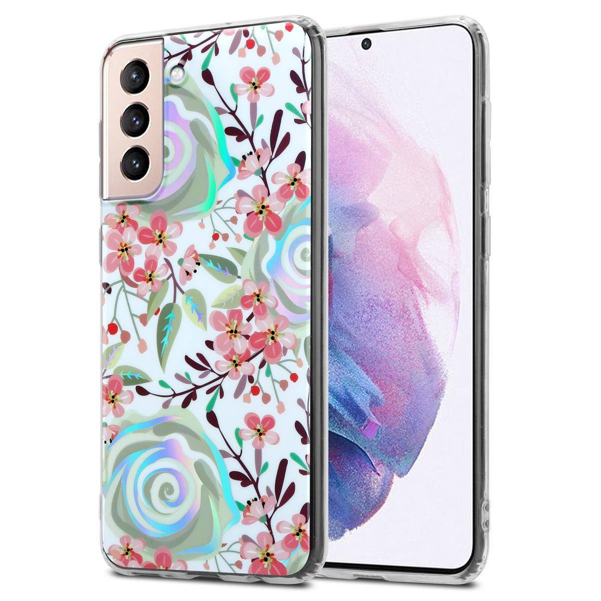Cadorabo Hülle für Samsung Galaxy S21 PLUS Schutz Hülle mit Weiß TPU Etui Blumen Flower Cover Case
