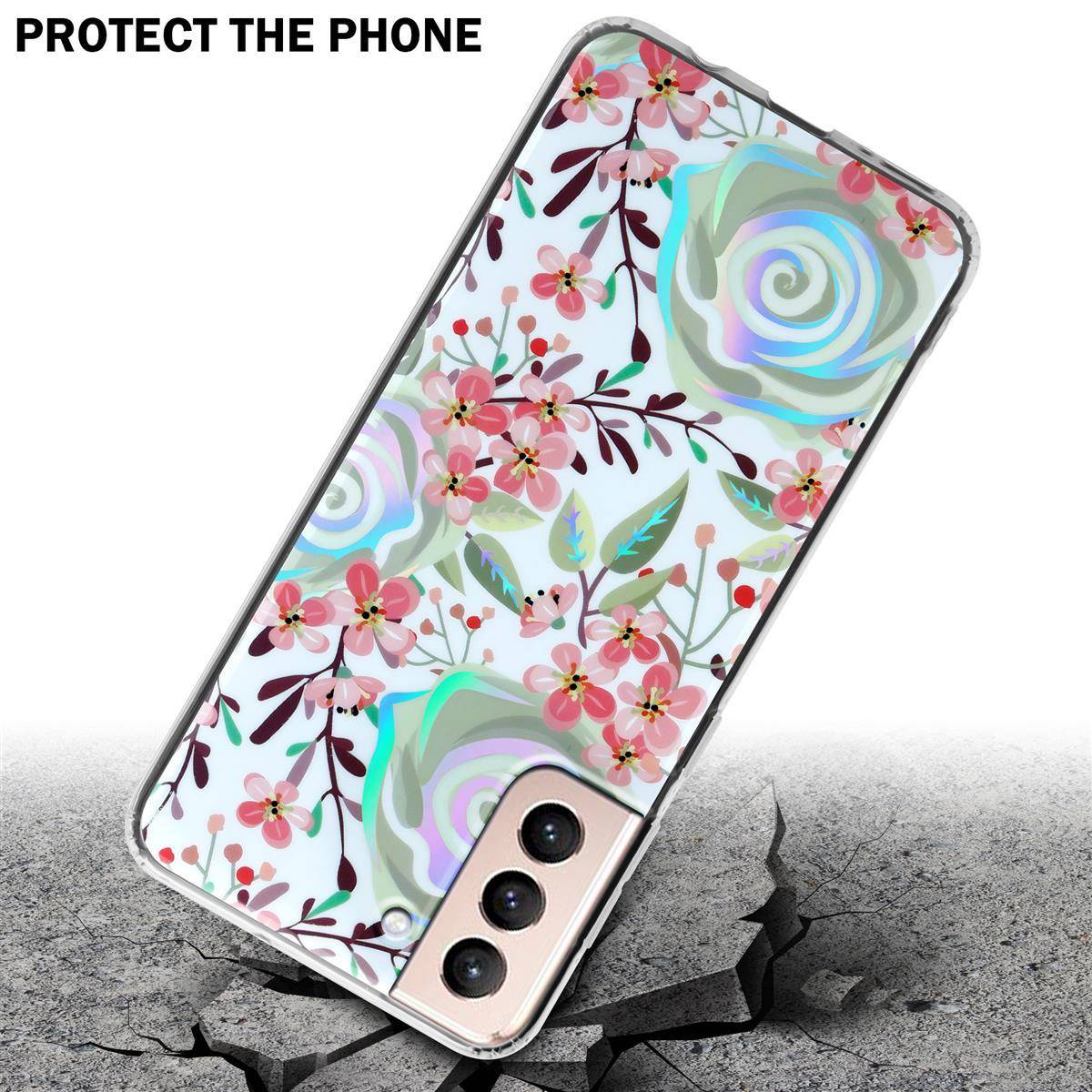 Cadorabo Hülle für Samsung Galaxy S21 PLUS Schutz Hülle mit Weiß TPU Etui Blumen Flower Cover Case
