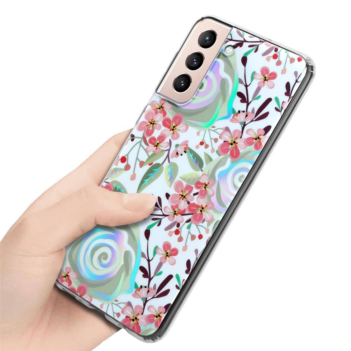 Cadorabo Hülle für Samsung Galaxy S21 PLUS Schutz Hülle mit Weiß TPU Etui Blumen Flower Cover Case