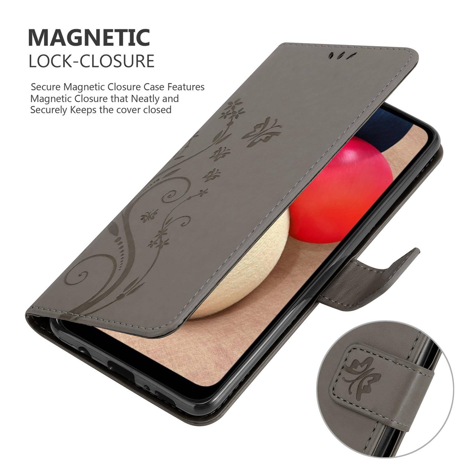 Cadorabo Hülle für Samsung Galaxy A02s Schutz Hülle in Grau Schutzhülle Handy Hülle Etui Case Blumen Flower