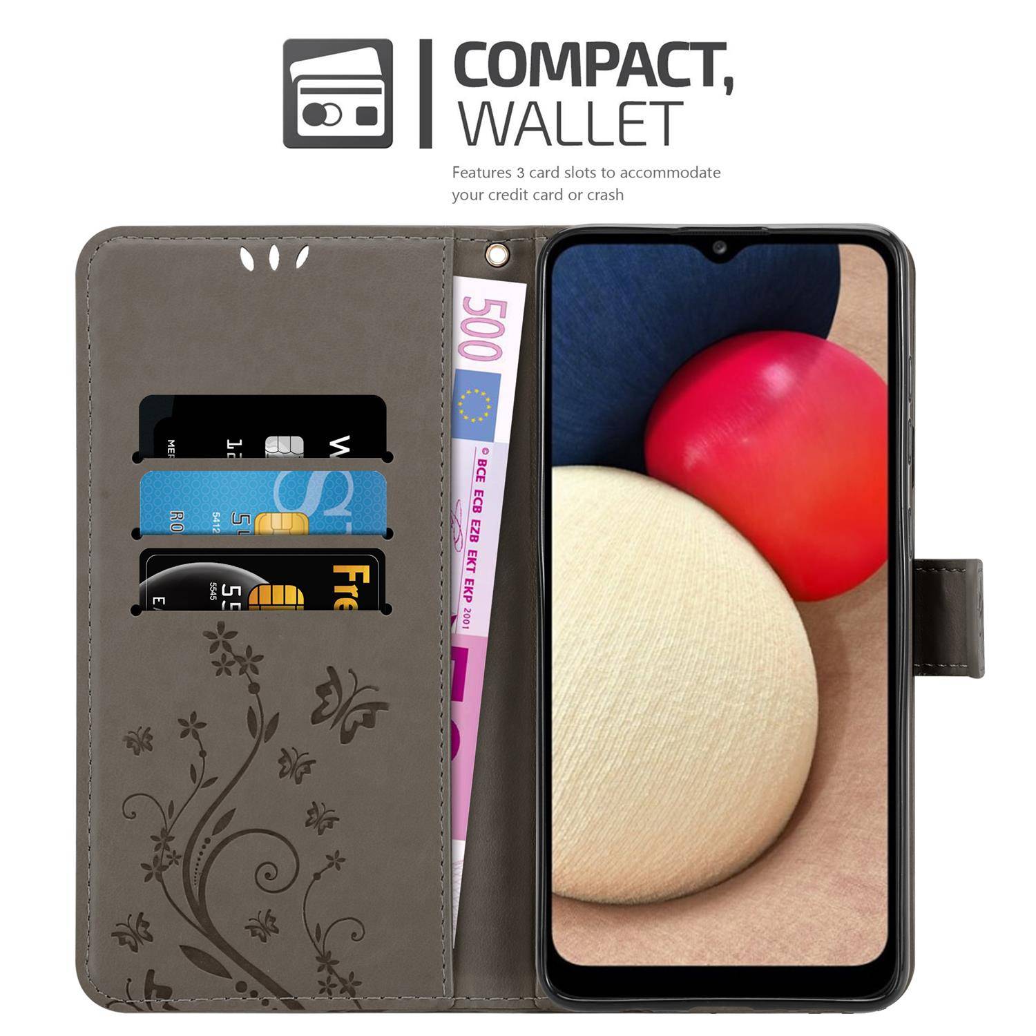 Cadorabo Hülle für Samsung Galaxy A02s Schutz Hülle in Grau Schutzhülle Handy Hülle Etui Case Blumen Flower