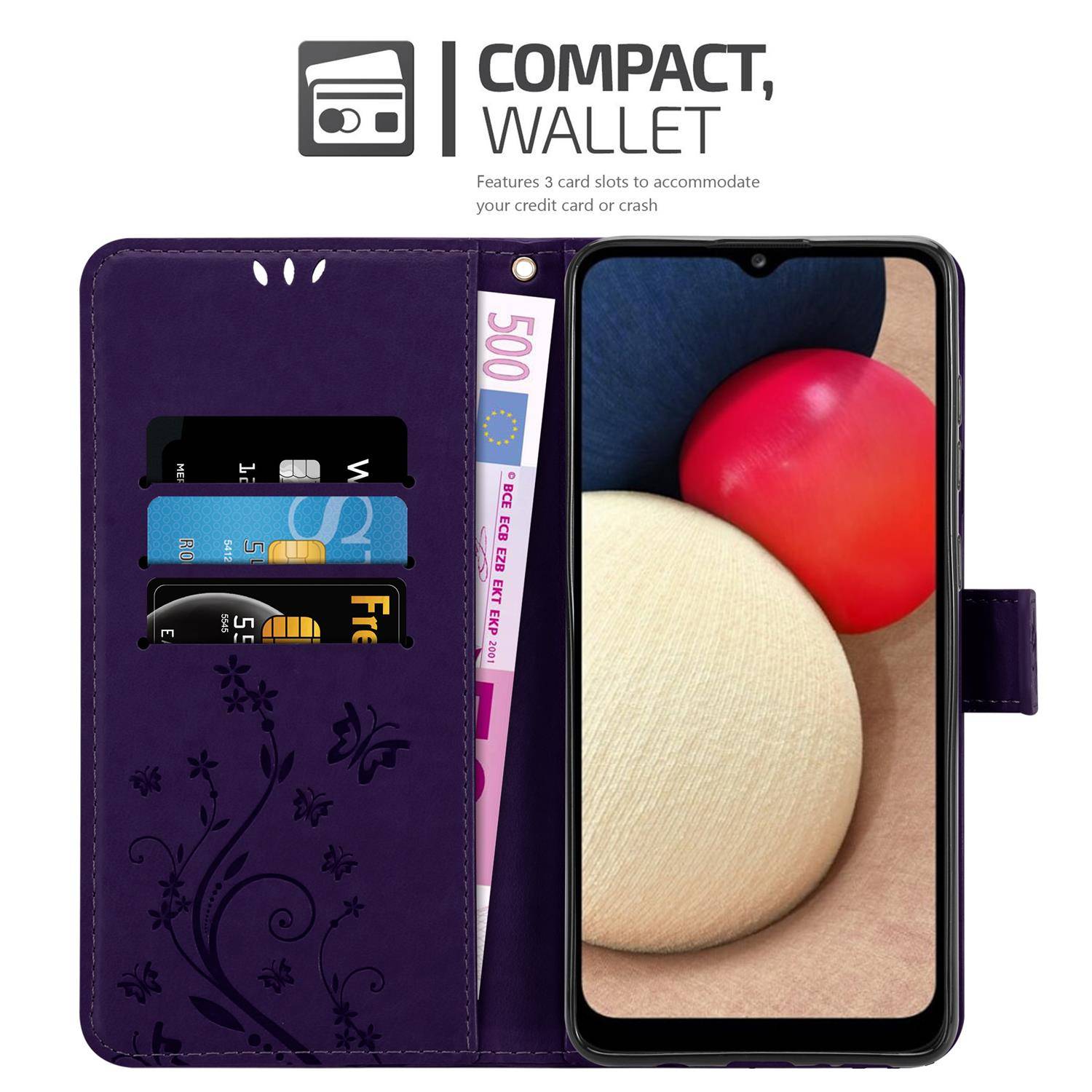 Cadorabo Hülle für Samsung Galaxy A02s Schutz Hülle in Lila Schutzhülle Handy Hülle Etui Case Blumen Flower