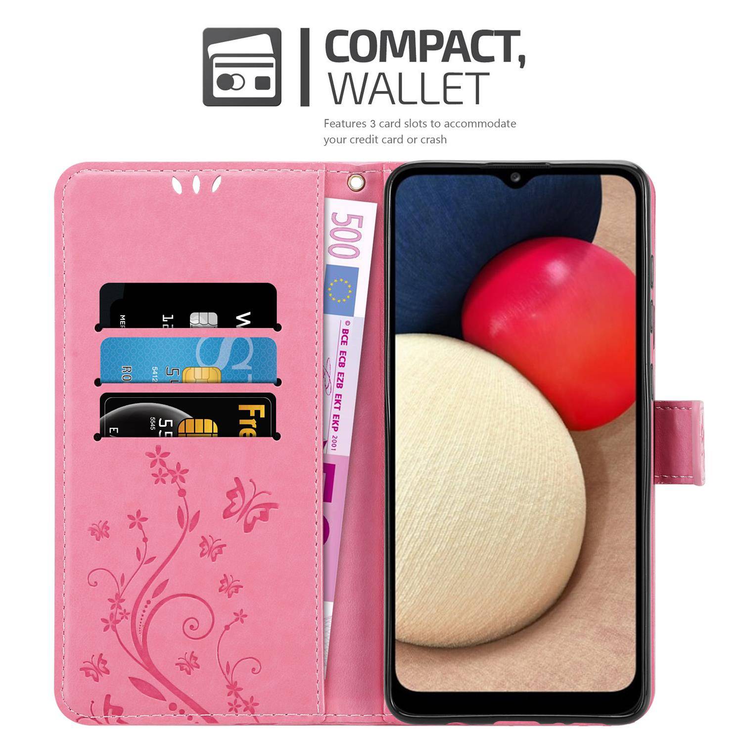 Cadorabo Hülle für Samsung Galaxy A02s Schutz Hülle in Rosa Schutzhülle Handy Hülle Etui Case Blumen Flower