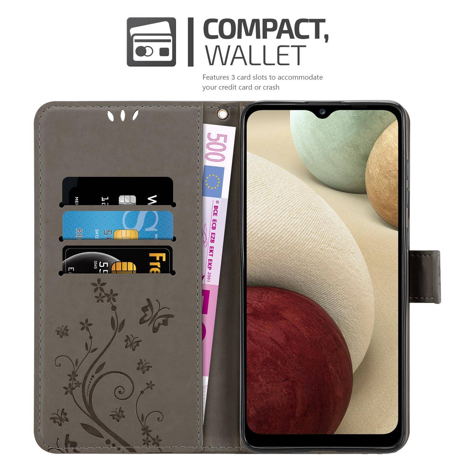 Cadorabo Hülle für Samsung Galaxy A12 / M12 Schutz Hülle in Grau Schutzhülle Handy Hülle Etui Case Blumen Flower