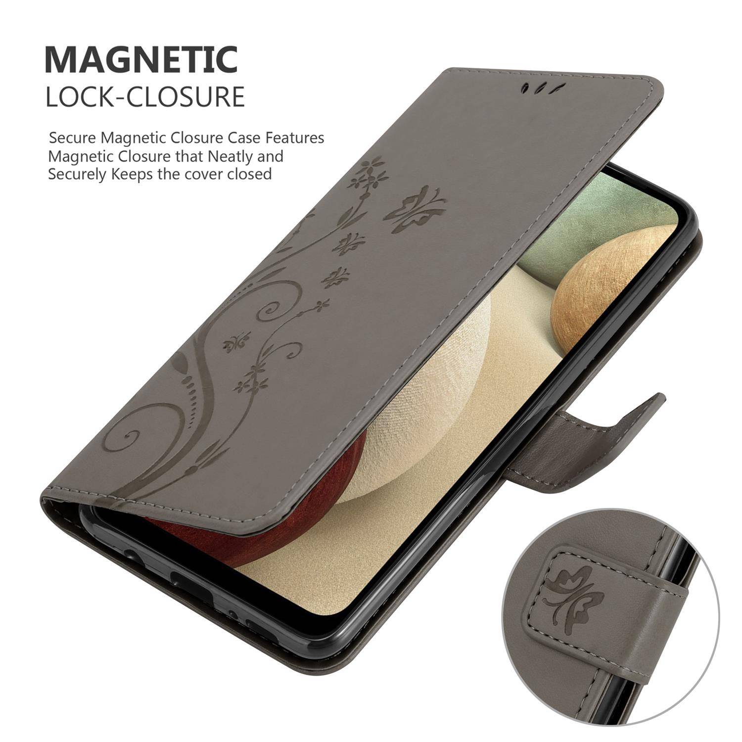 Cadorabo Hülle für Samsung Galaxy A12 / M12 Schutz Hülle in Grau Schutzhülle Handy Hülle Etui Case Blumen Flower