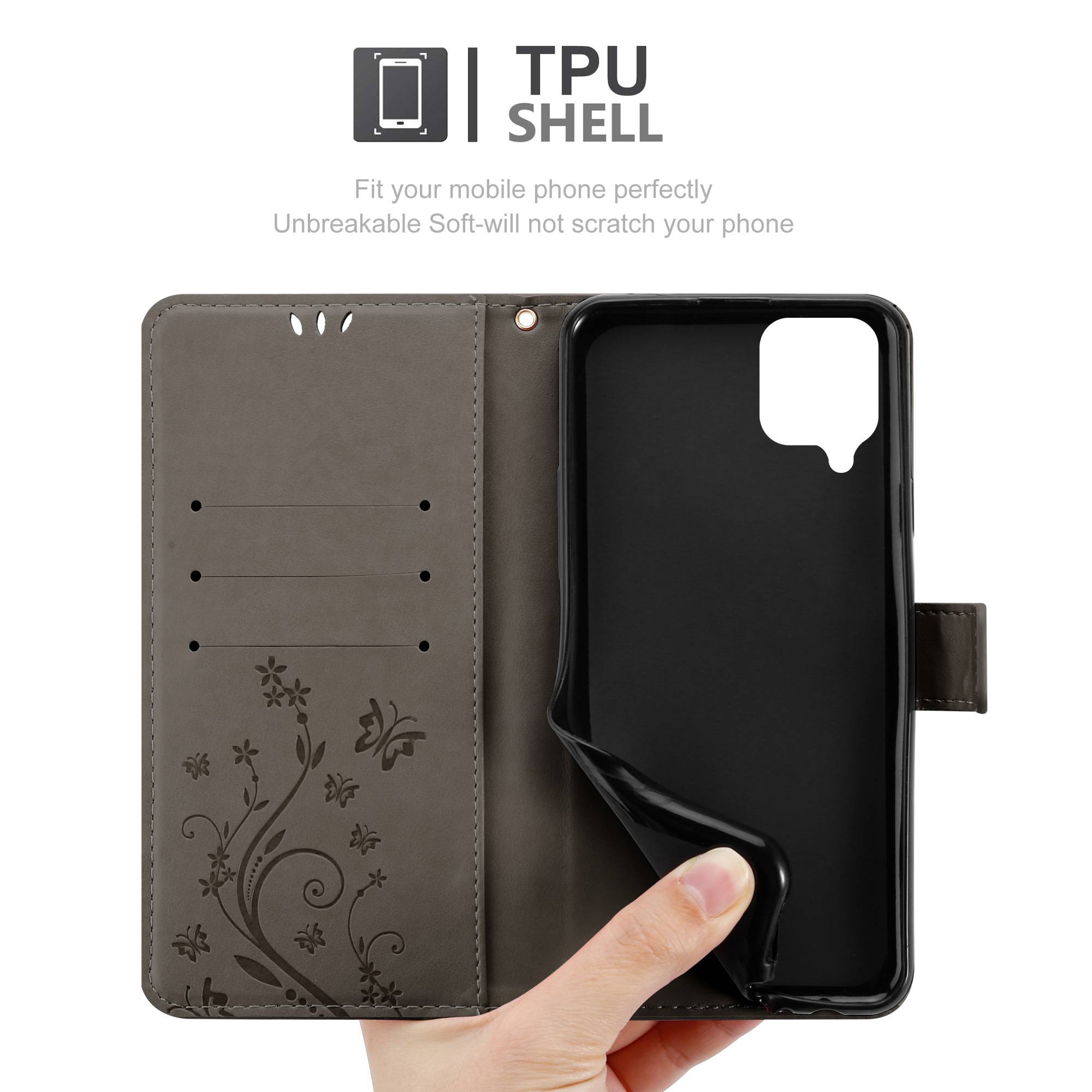 Cadorabo Hülle für Samsung Galaxy A12 / M12 Schutz Hülle in Grau Schutzhülle Handy Hülle Etui Case Blumen Flower