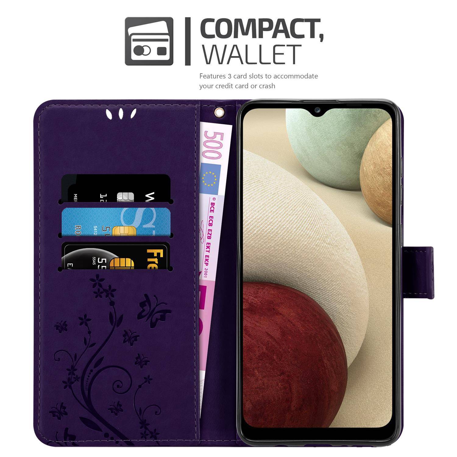 Cadorabo Hülle für Samsung Galaxy A12 / M12 Schutz Hülle in Lila Schutzhülle Handy Hülle Etui Case Blumen Flower