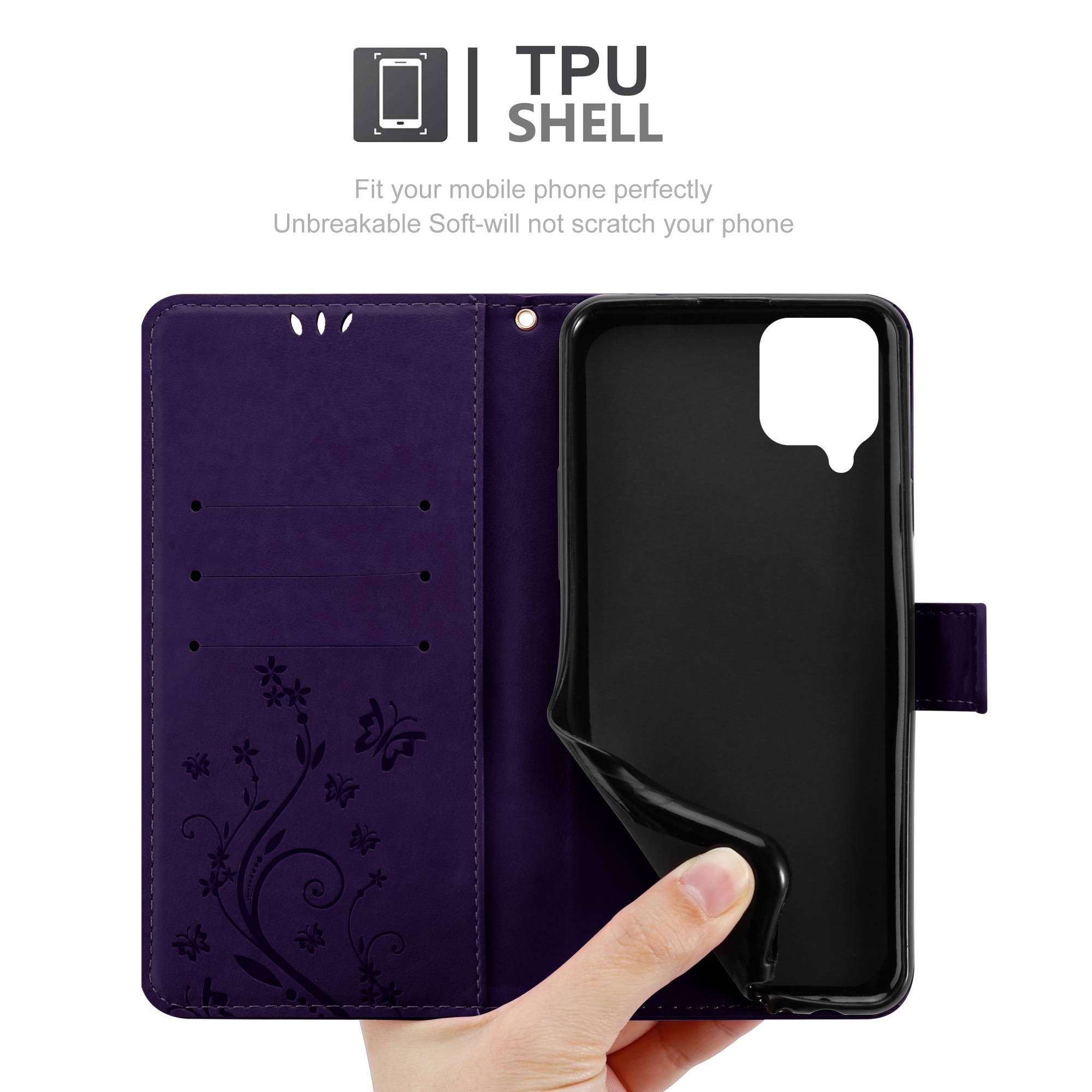 Cadorabo Hülle für Samsung Galaxy A12 / M12 Schutz Hülle in Lila Schutzhülle Handy Hülle Etui Case Blumen Flower