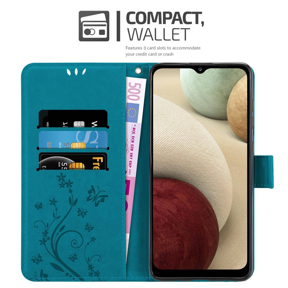 Cadorabo Hülle für Samsung Galaxy A12 / M12 Schutz Hülle in Blau Schutzhülle Handy Hülle Etui Case Blumen Flower