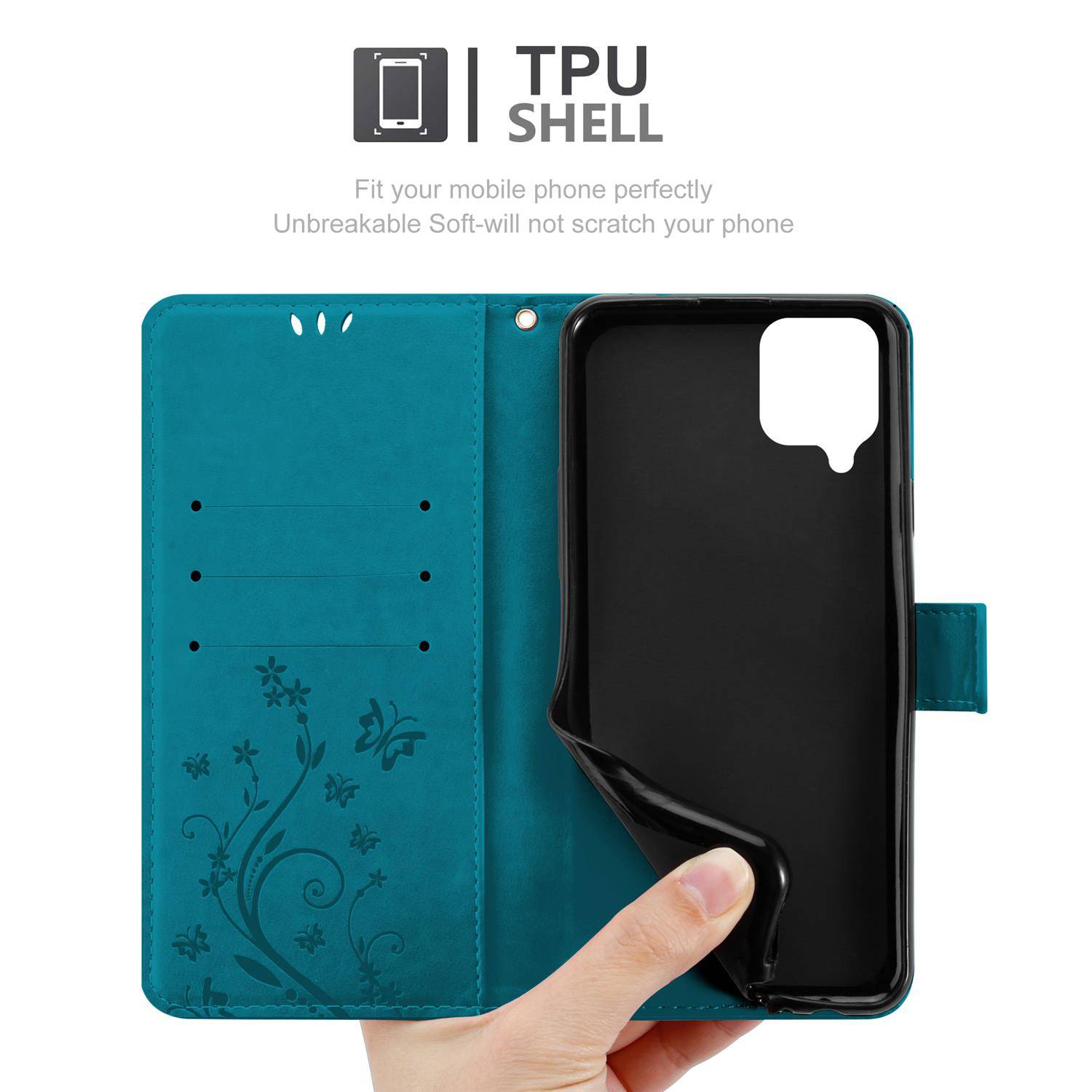 Cadorabo Hülle für Samsung Galaxy A12 / M12 Schutz Hülle in Blau Schutzhülle Handy Hülle Etui Case Blumen Flower