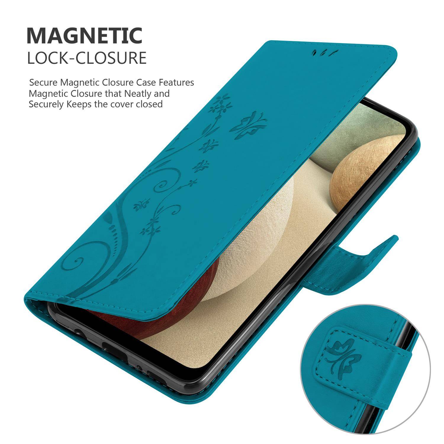 Cadorabo Hülle für Samsung Galaxy A12 / M12 Schutz Hülle in Blau Schutzhülle Handy Hülle Etui Case Blumen Flower