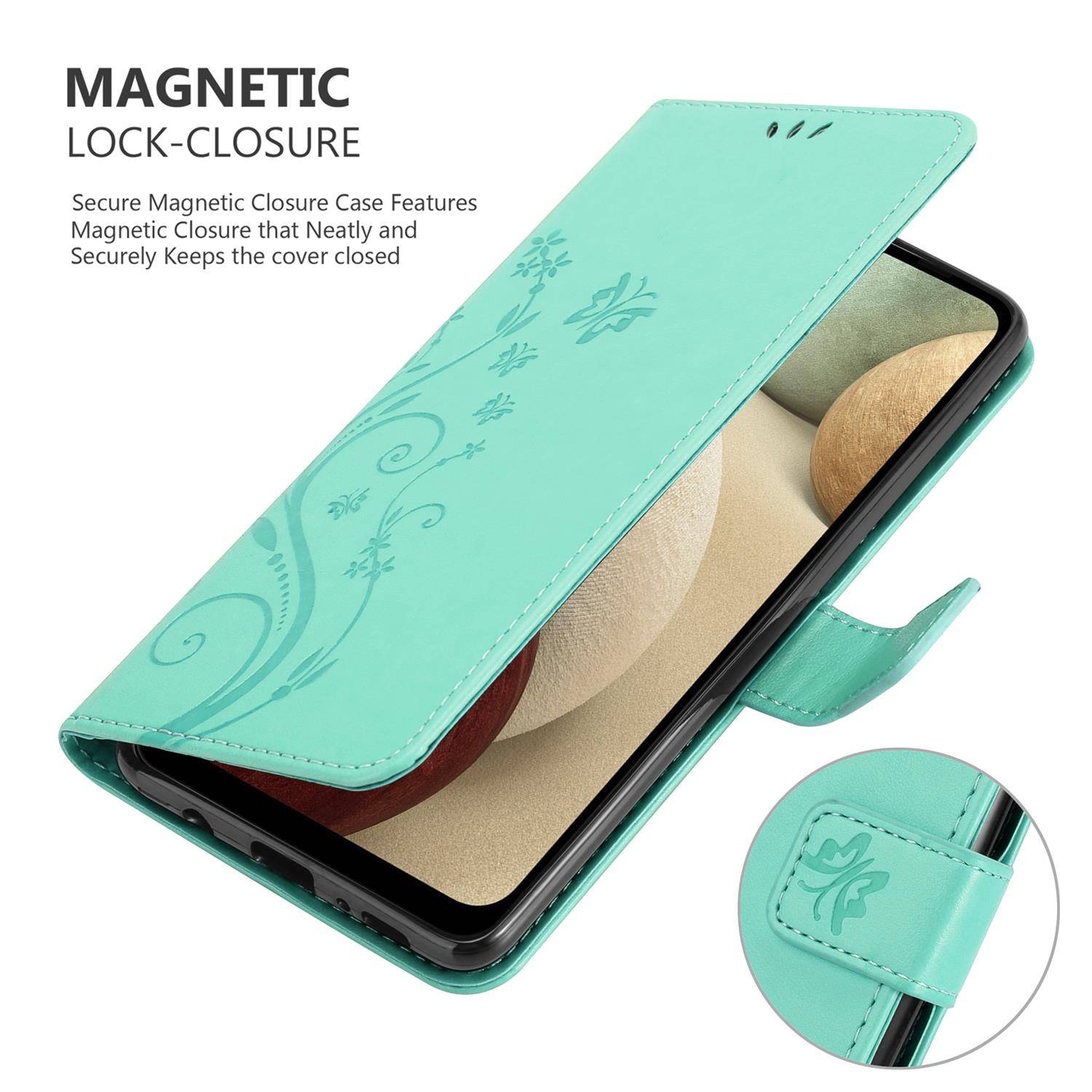 Cadorabo Hülle für Samsung Galaxy A12 / M12 Schutz Hülle in Türkis Schutzhülle Handy Hülle Etui Case Blumen Flower