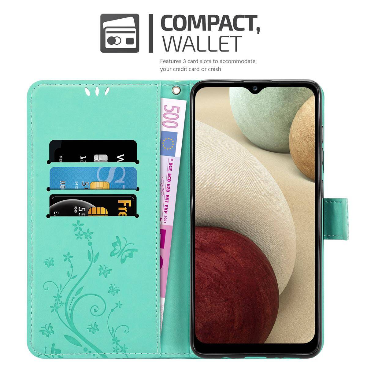 Cadorabo Hülle für Samsung Galaxy A12 / M12 Schutz Hülle in Türkis Schutzhülle Handy Hülle Etui Case Blumen Flower