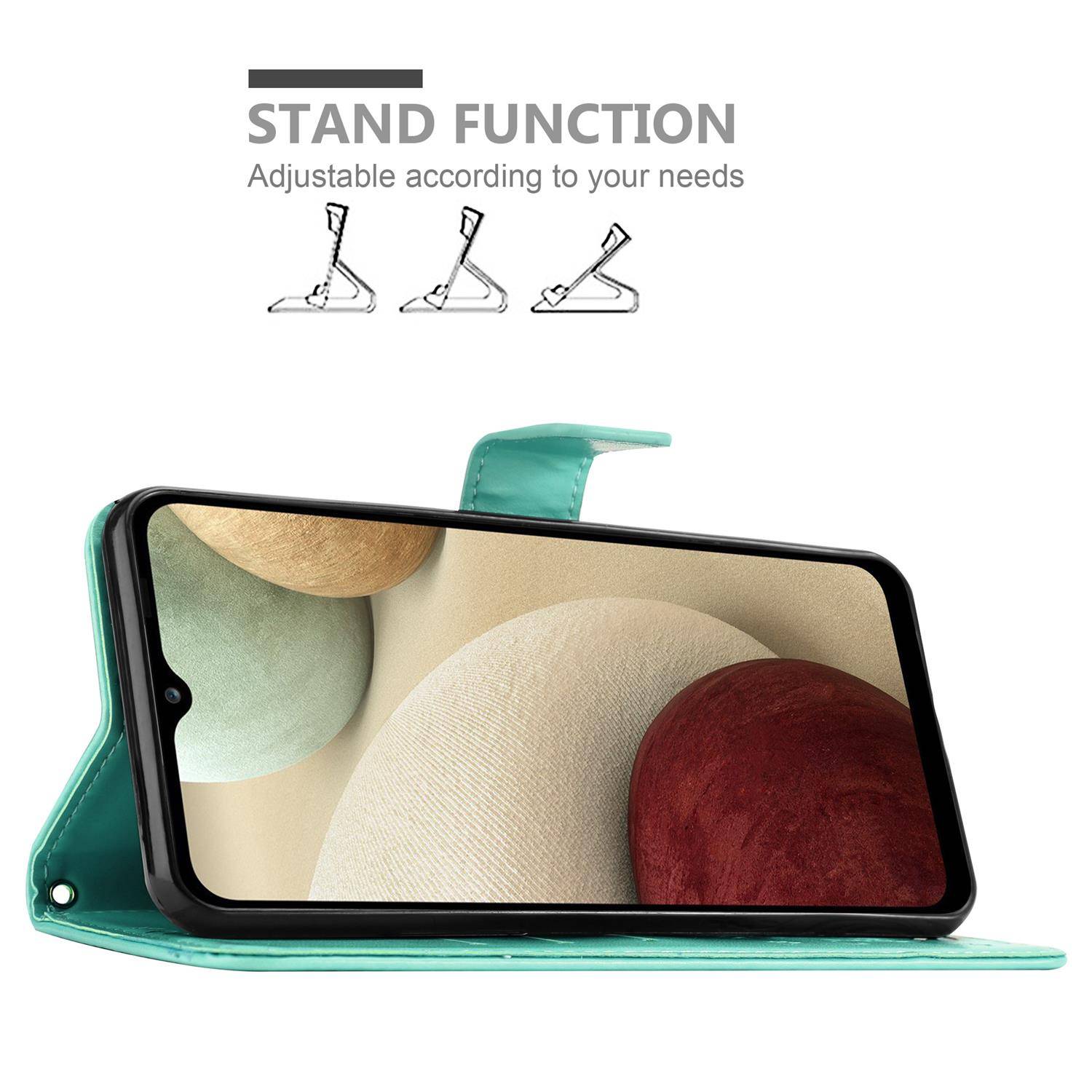 Cadorabo Hülle für Samsung Galaxy A12 / M12 Schutz Hülle in Türkis Schutzhülle Handy Hülle Etui Case Blumen Flower