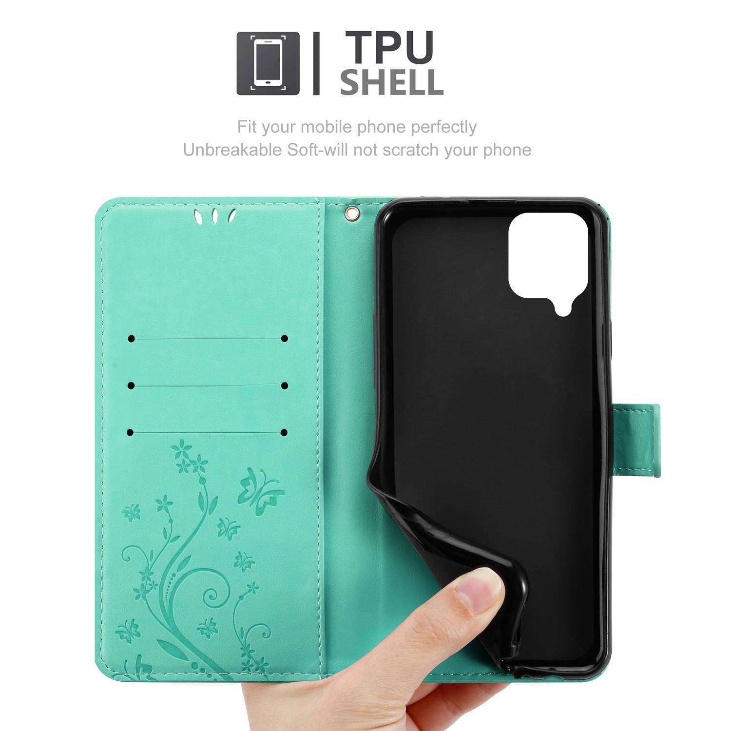 Cadorabo Hülle für Samsung Galaxy A12 / M12 Schutz Hülle in Türkis Schutzhülle Handy Hülle Etui Case Blumen Flower