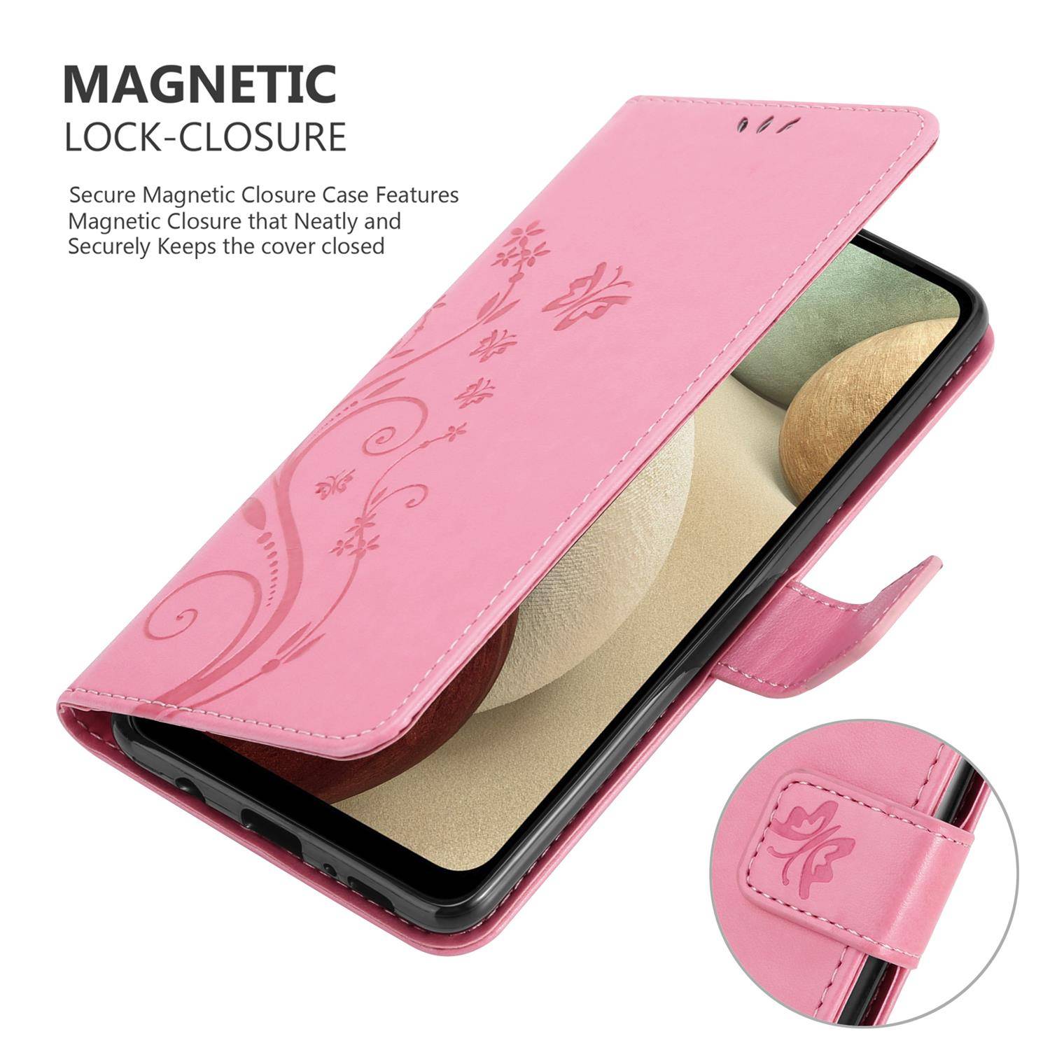 Cadorabo Hülle für Samsung Galaxy A12 / M12 Schutz Hülle in Rosa Schutzhülle Handy Hülle Etui Case Blumen Flower