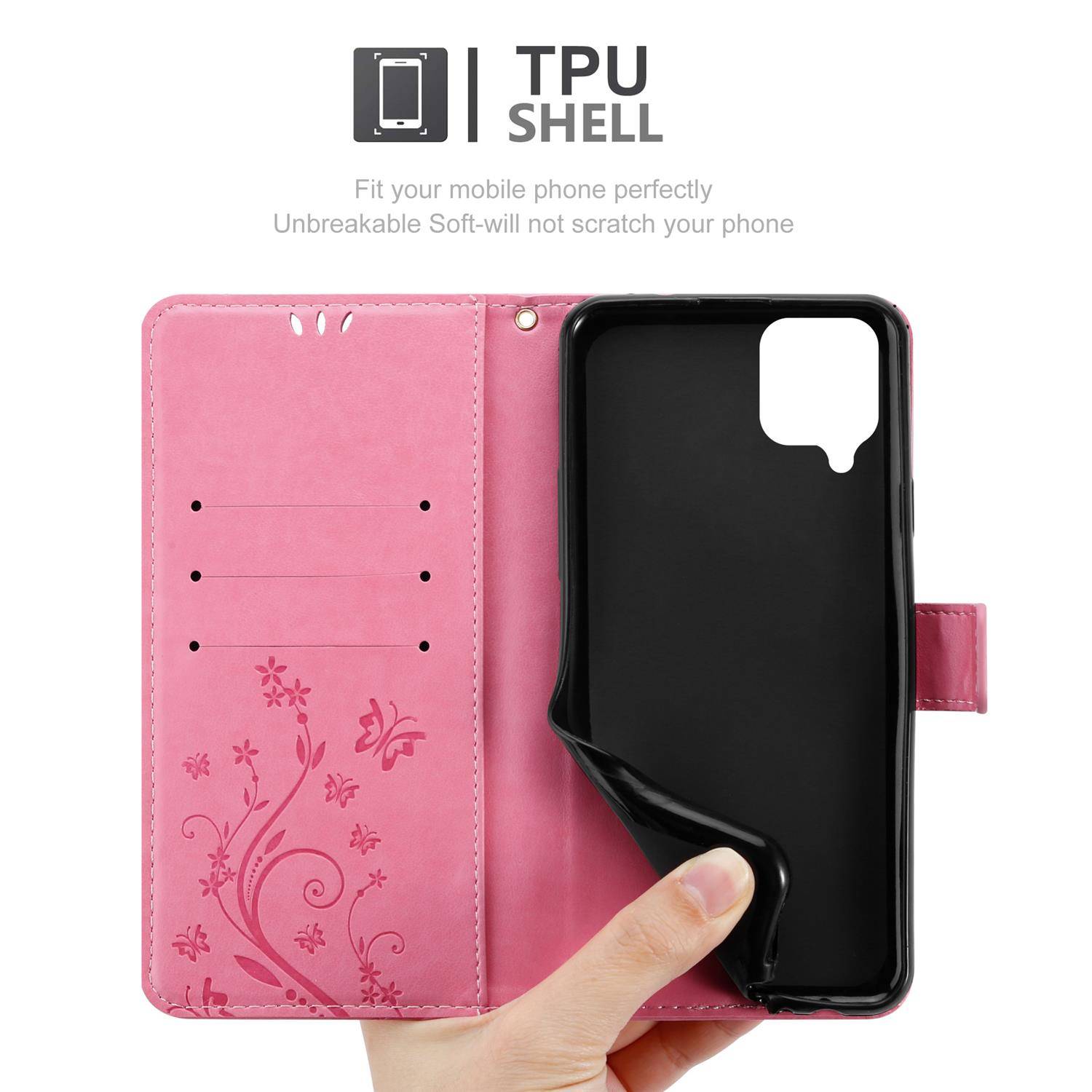 Cadorabo Hülle für Samsung Galaxy A12 / M12 Schutz Hülle in Rosa Schutzhülle Handy Hülle Etui Case Blumen Flower
