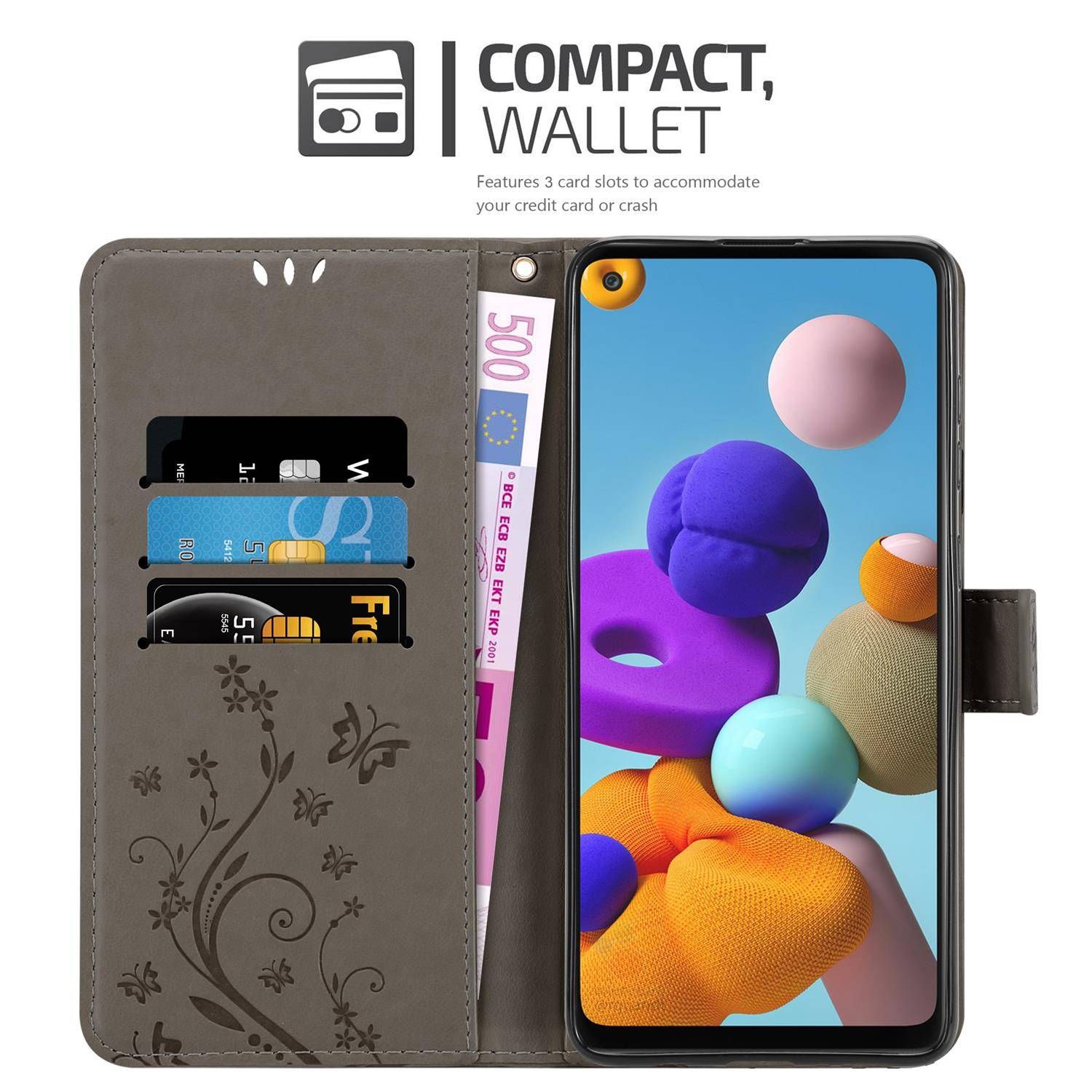 Cadorabo Hülle für Samsung Galaxy A21s Schutz Hülle in Grau Schutzhülle Handy Hülle Etui Case Blumen Flower