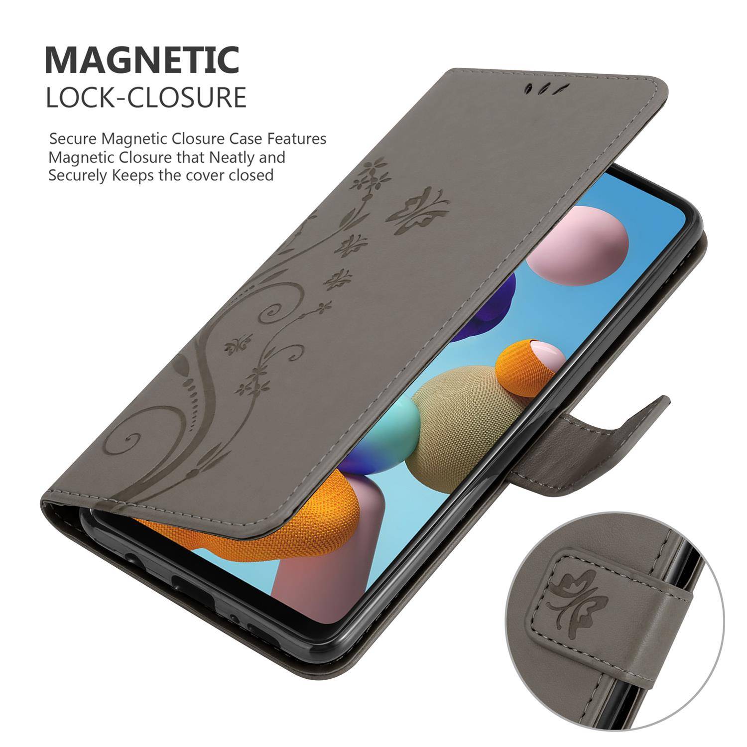 Cadorabo Hülle für Samsung Galaxy A21s Schutz Hülle in Grau Schutzhülle Handy Hülle Etui Case Blumen Flower