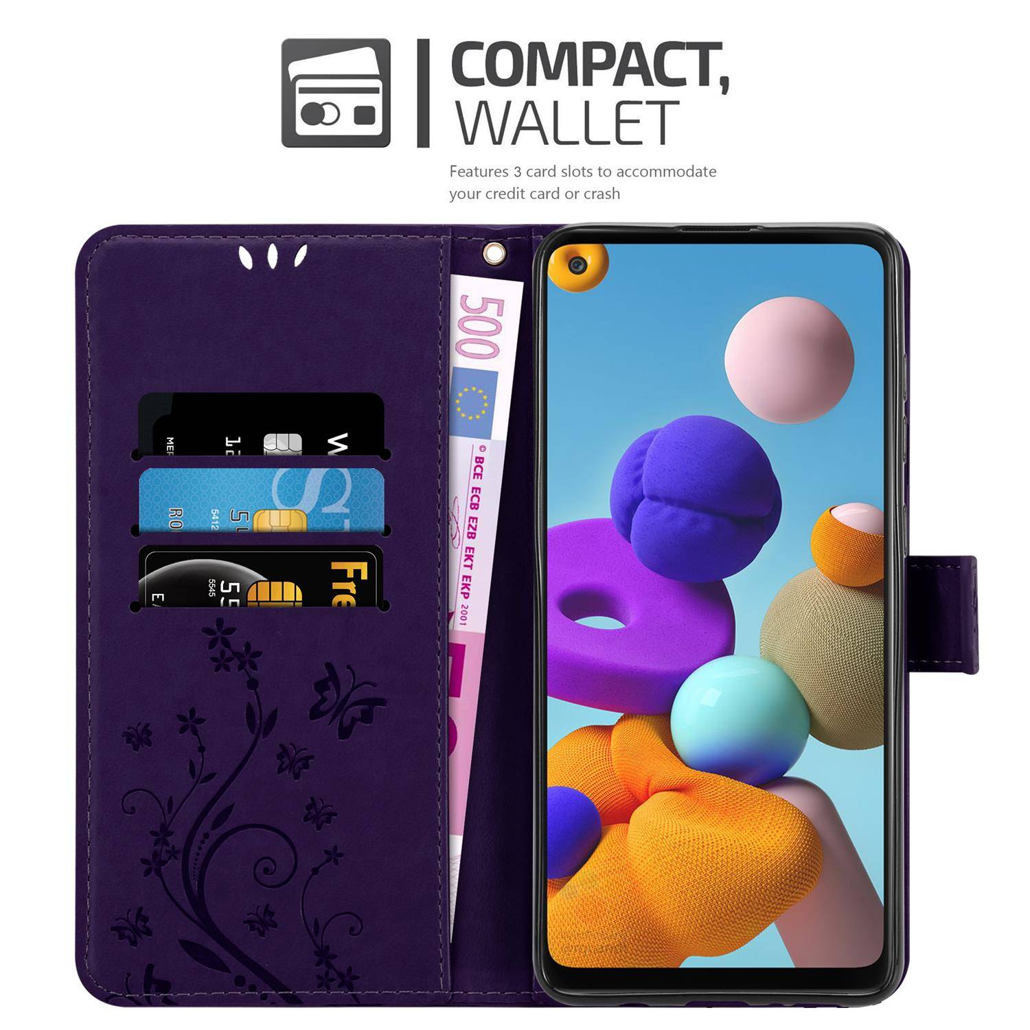 Cadorabo Hülle für Samsung Galaxy A21s Schutz Hülle in Lila Schutzhülle Handy Hülle Etui Case Blumen Flower