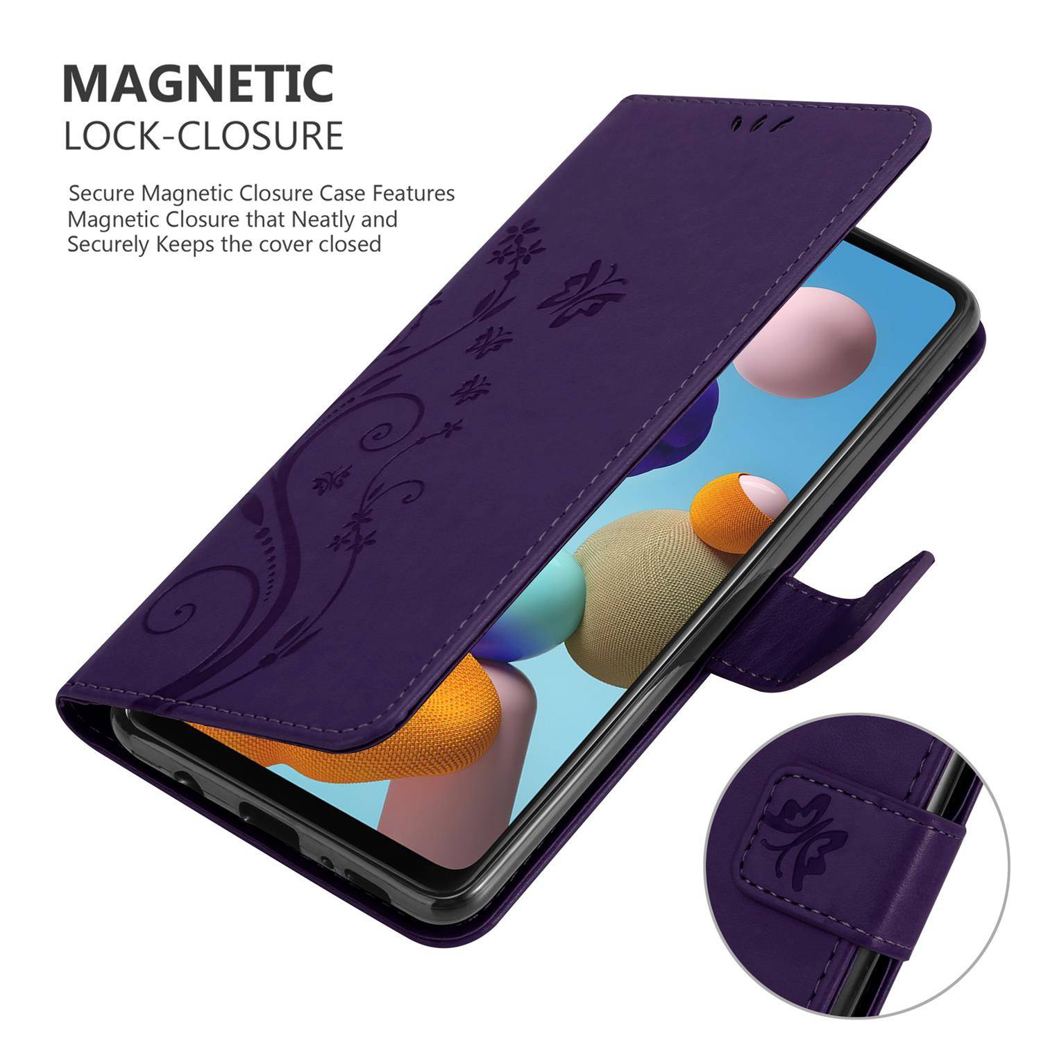 Cadorabo Hülle für Samsung Galaxy A21s Schutz Hülle in Lila Schutzhülle Handy Hülle Etui Case Blumen Flower