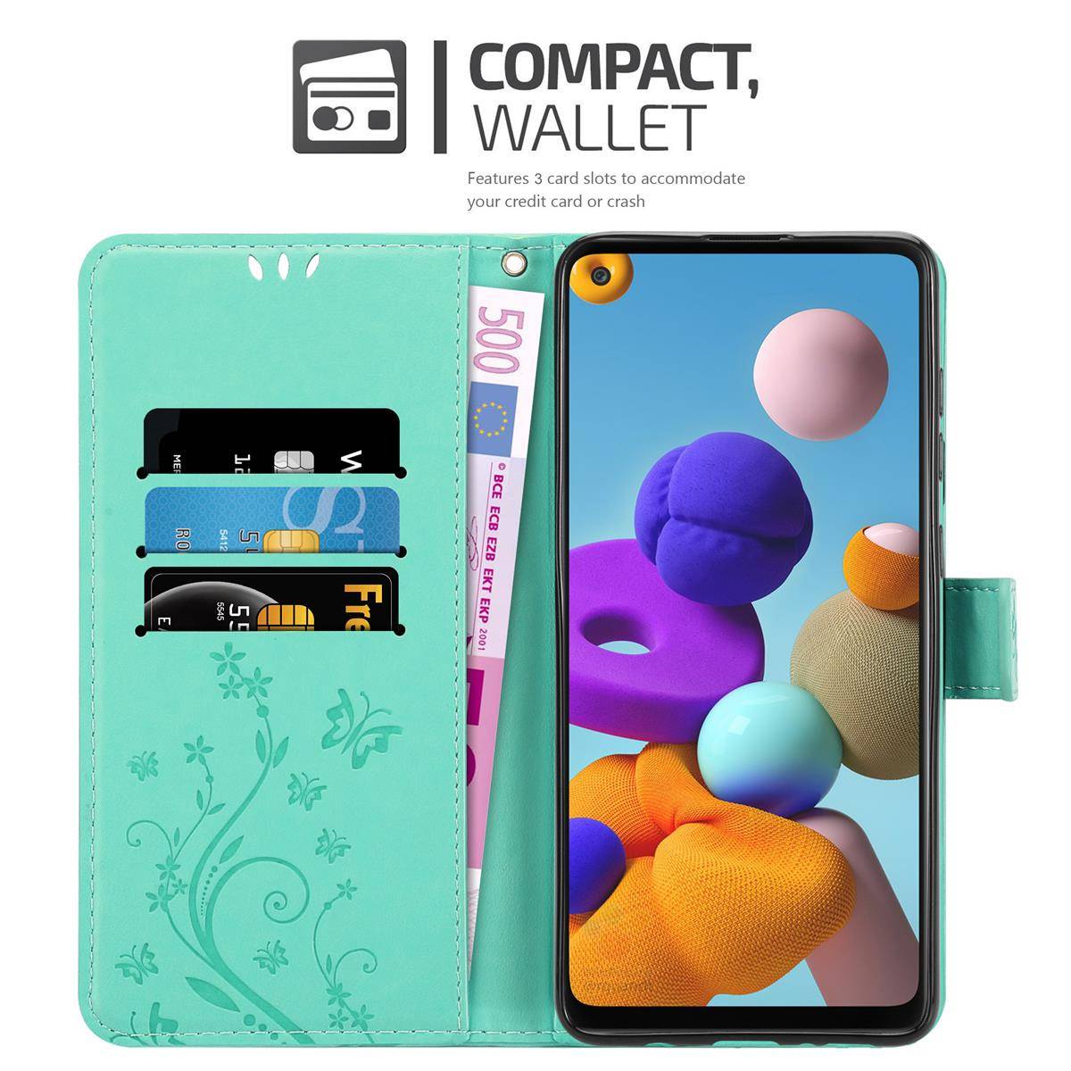 Cadorabo Hülle für Samsung Galaxy A21s Schutz Hülle in Türkis Schutzhülle Handy Hülle Etui Case Blumen Flower