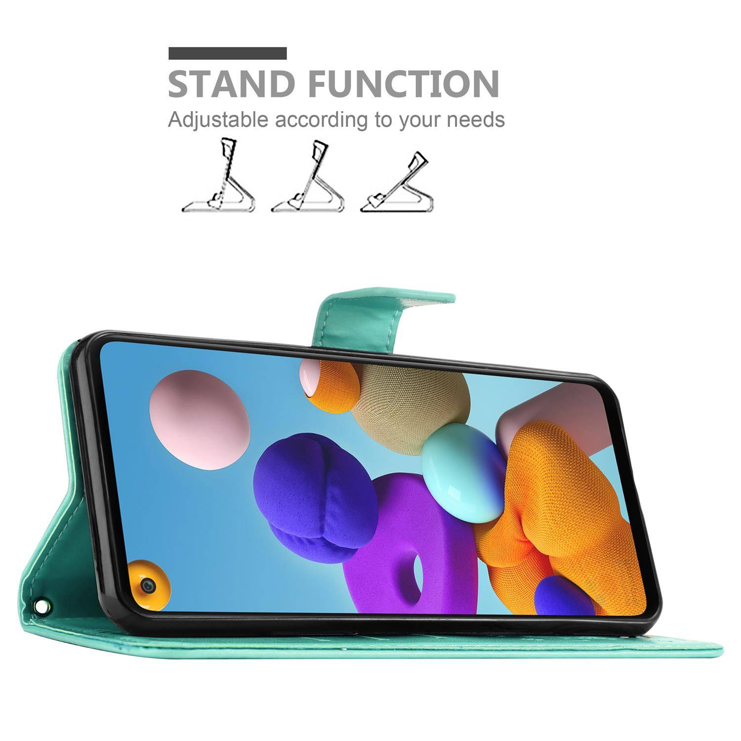 Cadorabo Hülle für Samsung Galaxy A21s Schutz Hülle in Türkis Schutzhülle Handy Hülle Etui Case Blumen Flower
