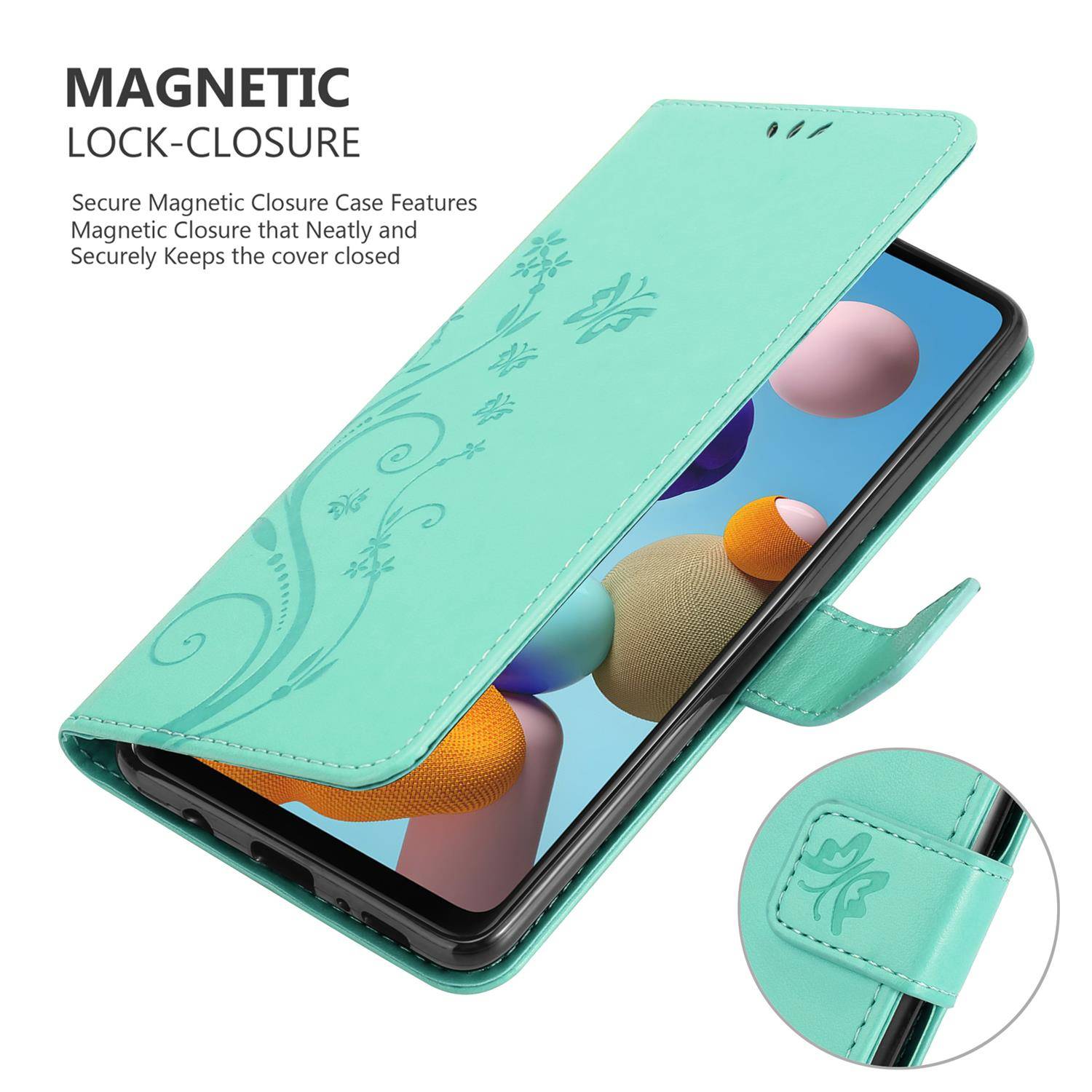 Cadorabo Hülle für Samsung Galaxy A21s Schutz Hülle in Türkis Schutzhülle Handy Hülle Etui Case Blumen Flower