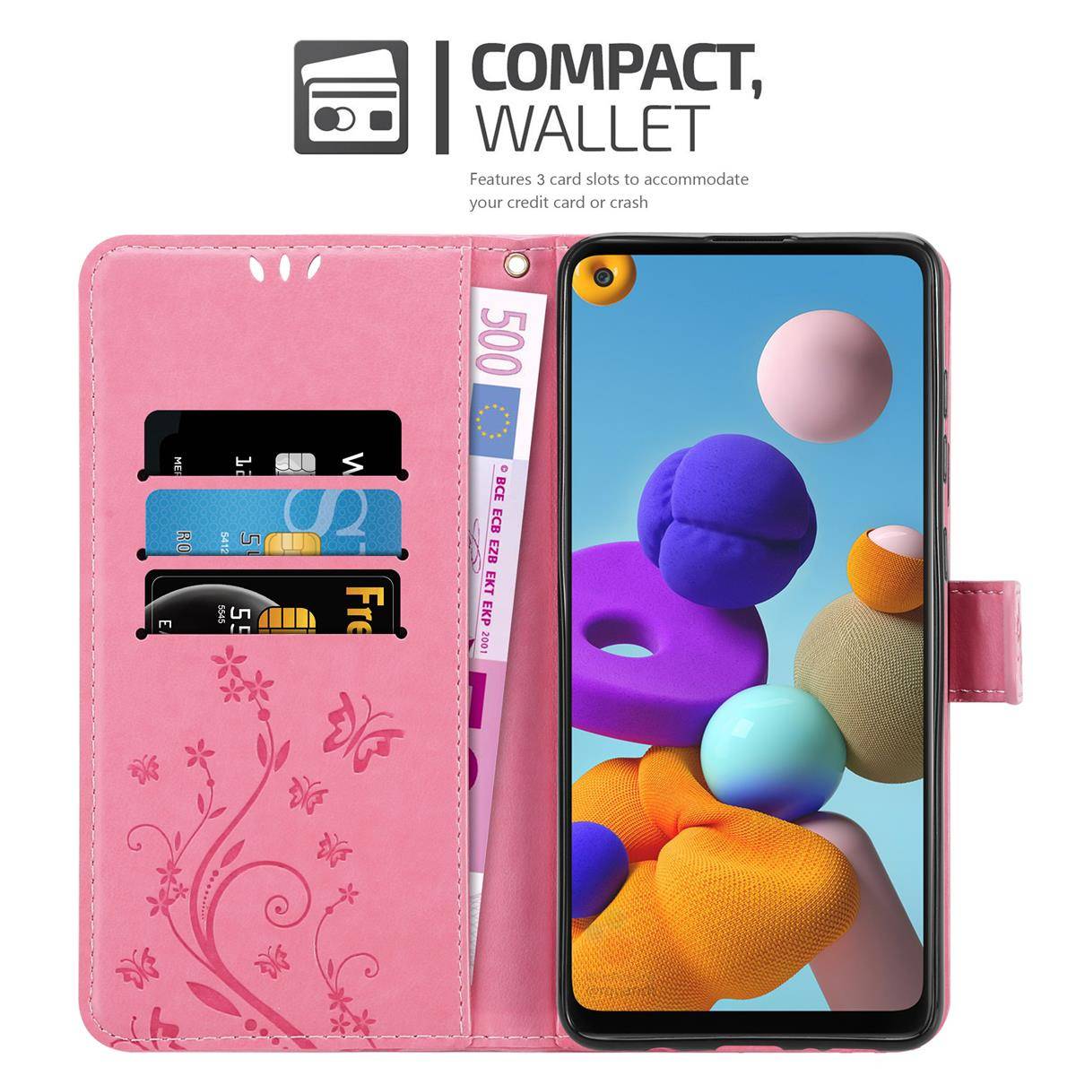 Cadorabo Hülle für Samsung Galaxy A21s Schutz Hülle in Rosa Schutzhülle Handy Hülle Etui Case Blumen Flower