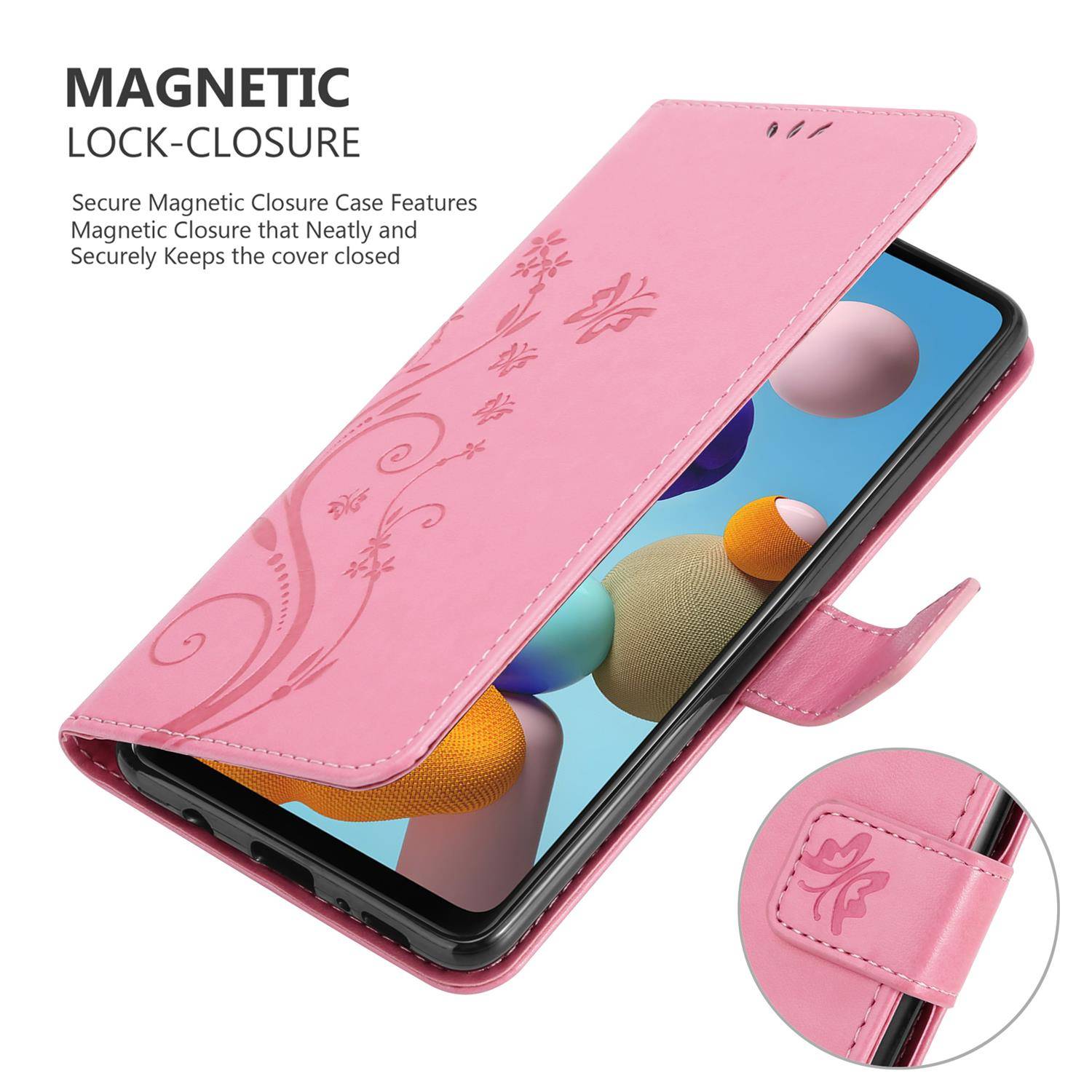 Cadorabo Hülle für Samsung Galaxy A21s Schutz Hülle in Rosa Schutzhülle Handy Hülle Etui Case Blumen Flower